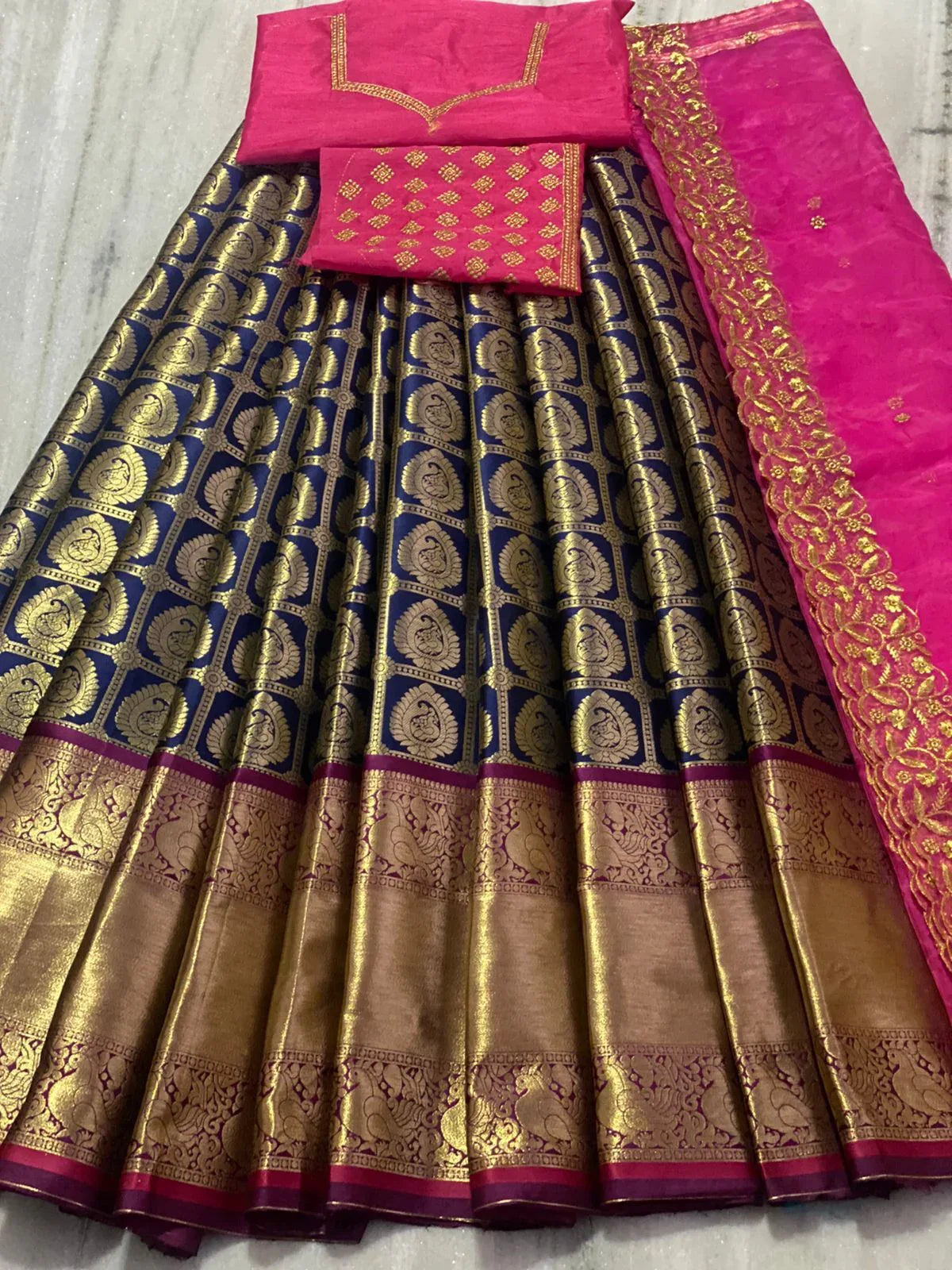 Beautiful Kanjiveram Silk Pure Zari HALF Saree with Blouse Along With Dupptta - Anant Exports