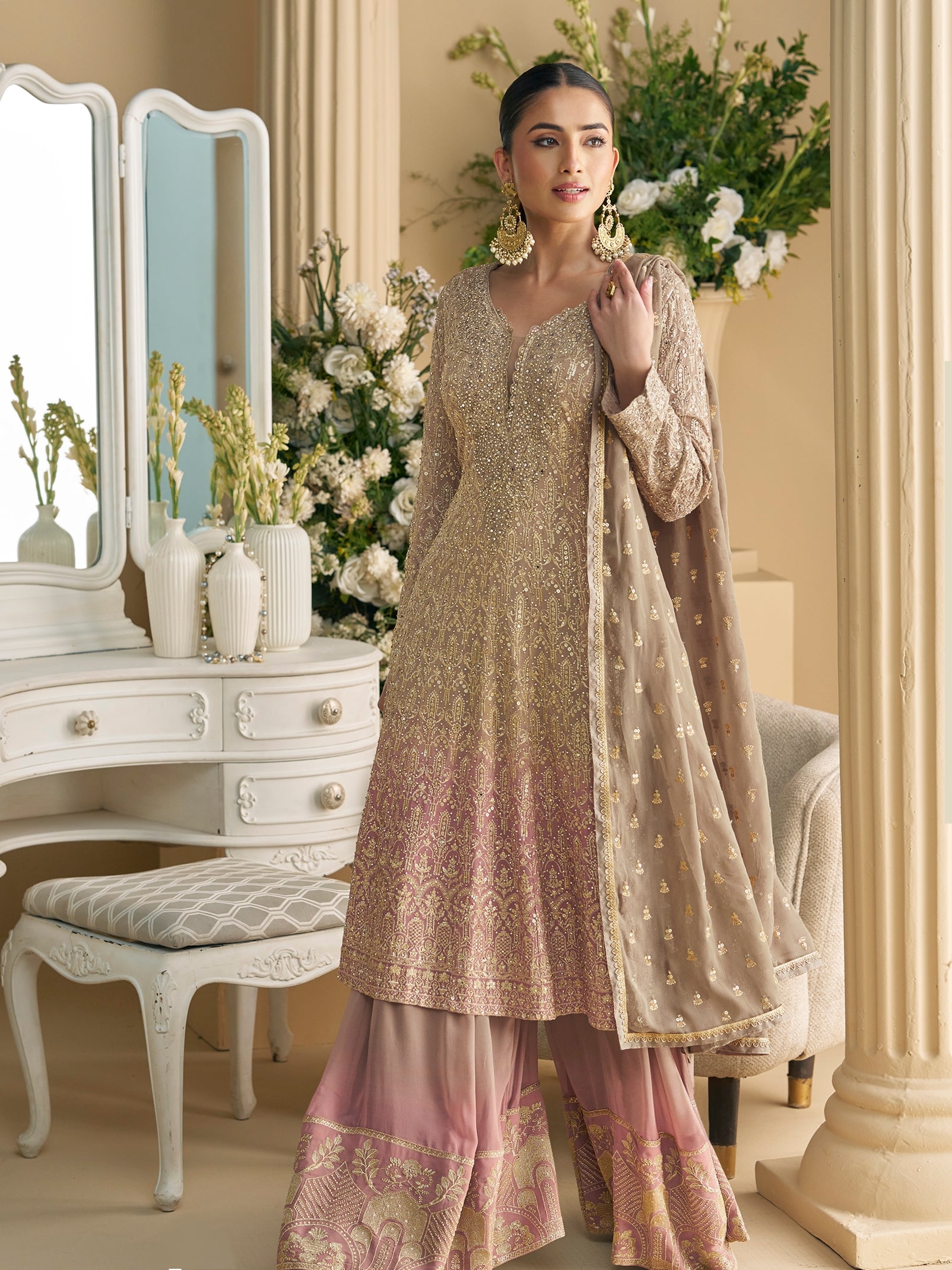 Champagne Gold Hand Embroidered Palazzo Suit