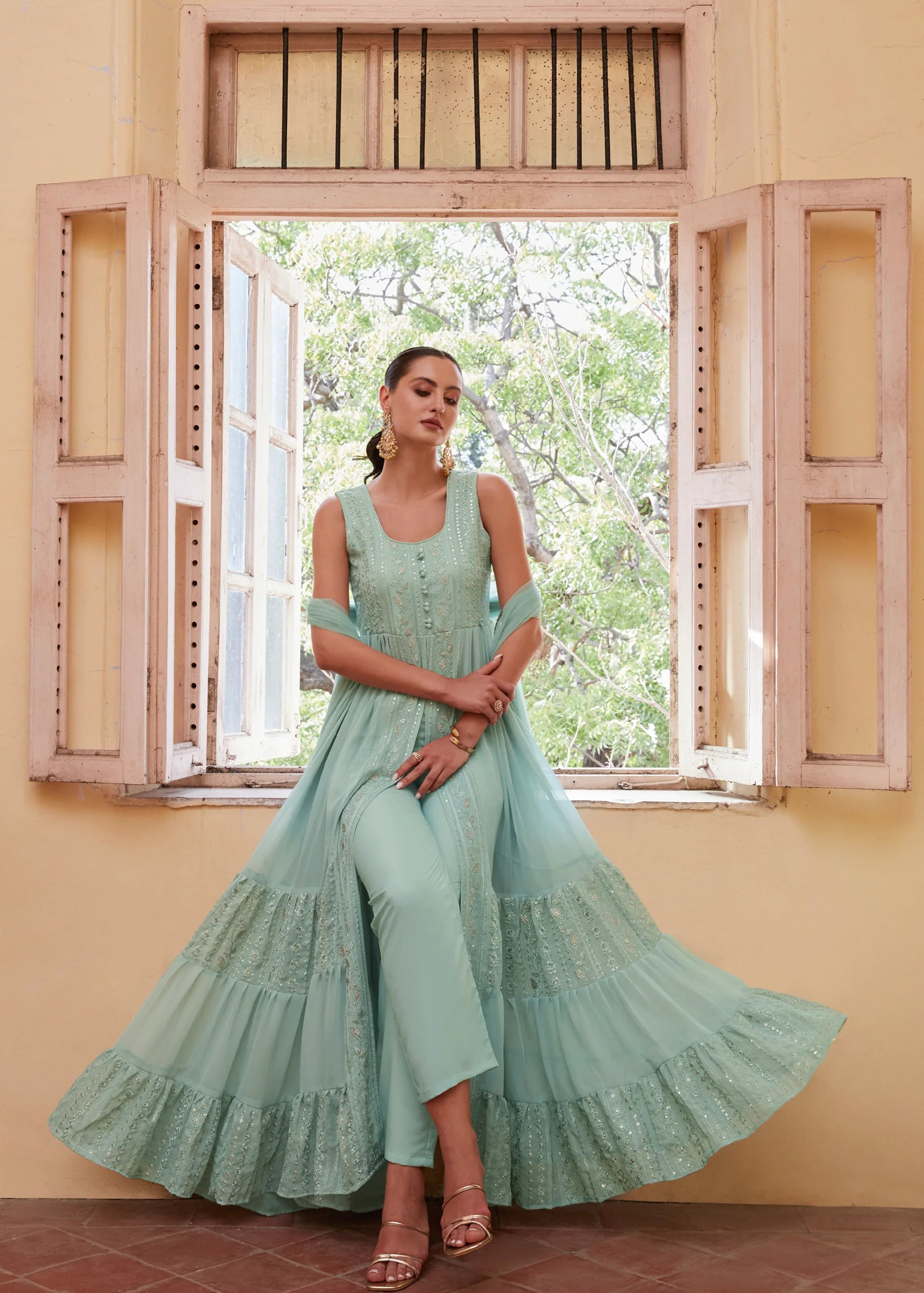 Firozi Anarkali In Georgette With Sequins, Thread And Zari Embroidery
