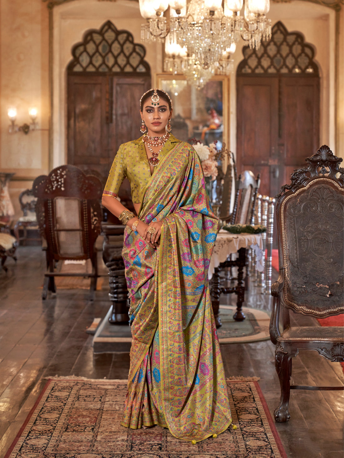 Olive Green & Gold Designer Patola Silk Saree