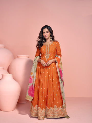 Burnt Orange Heavy Embroidered Anarkali Gown