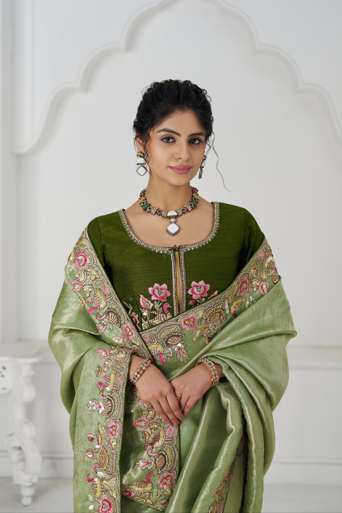 Mehendi green Dola silk saree with embroidery