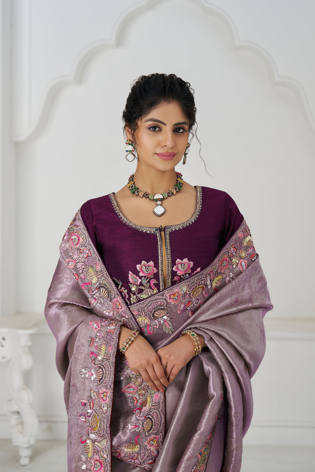 Mauve Dola silk saree with sequin and bead embroidery