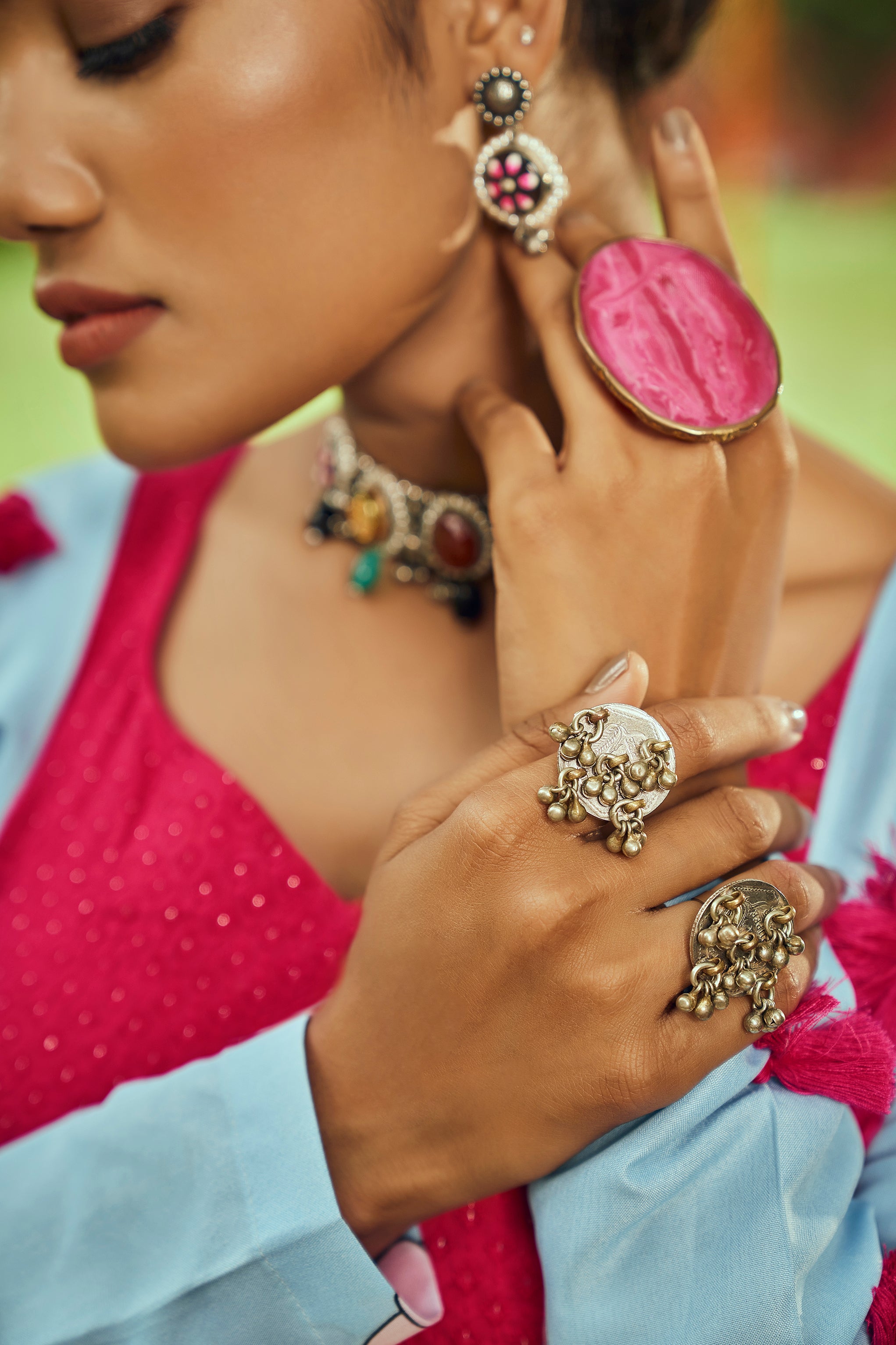 Sky blue lehenga with hot pink choli