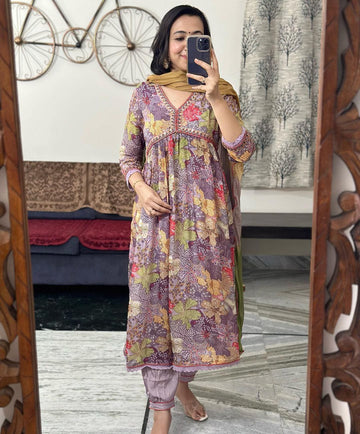 Beautiful Party Wear Pure Muslin Alia Cut Suit With Dupatta