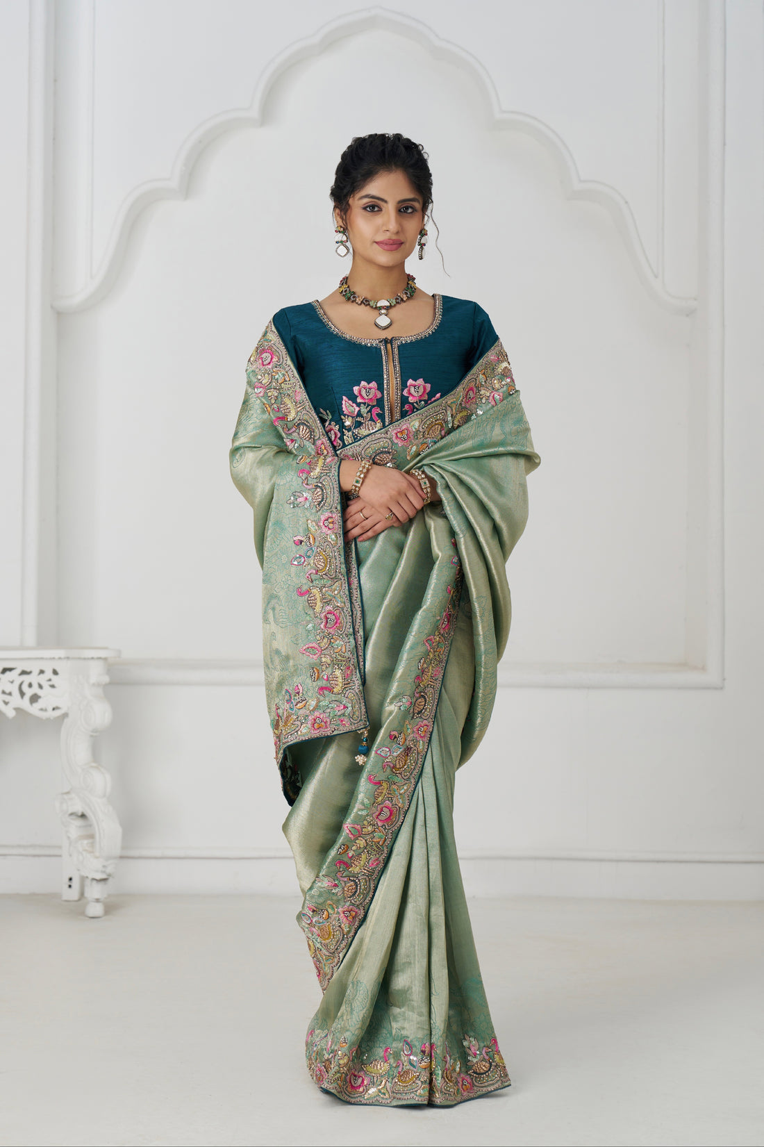 Green Dola silk saree with bead and sequin embroidery