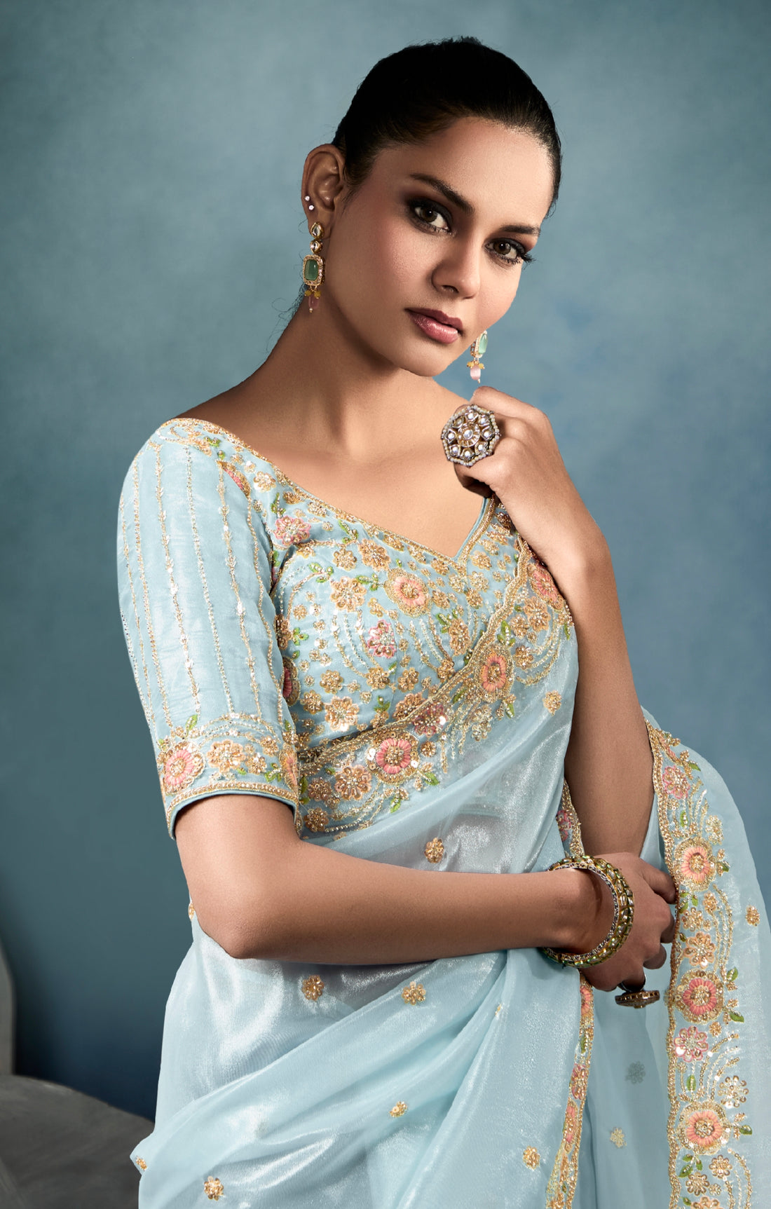 Sky blue tissue saree with hand embroidery and satin blouse