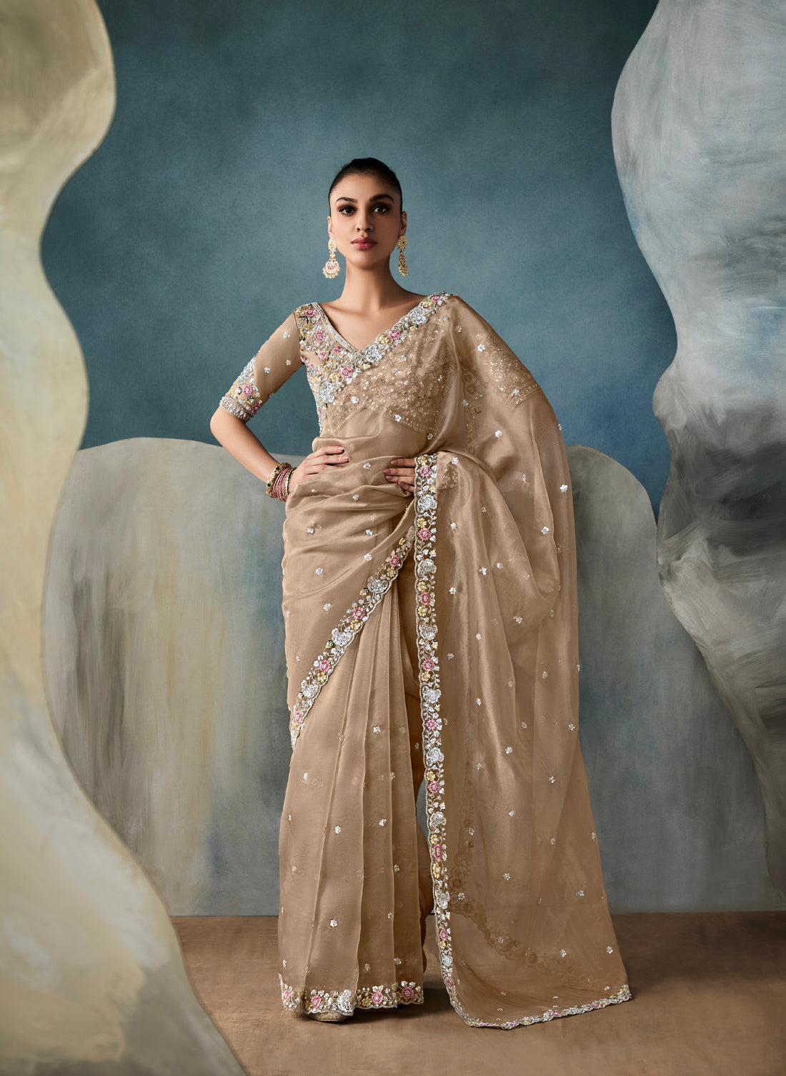 Champagne gold tissue saree with hand embroidery and cutwork border