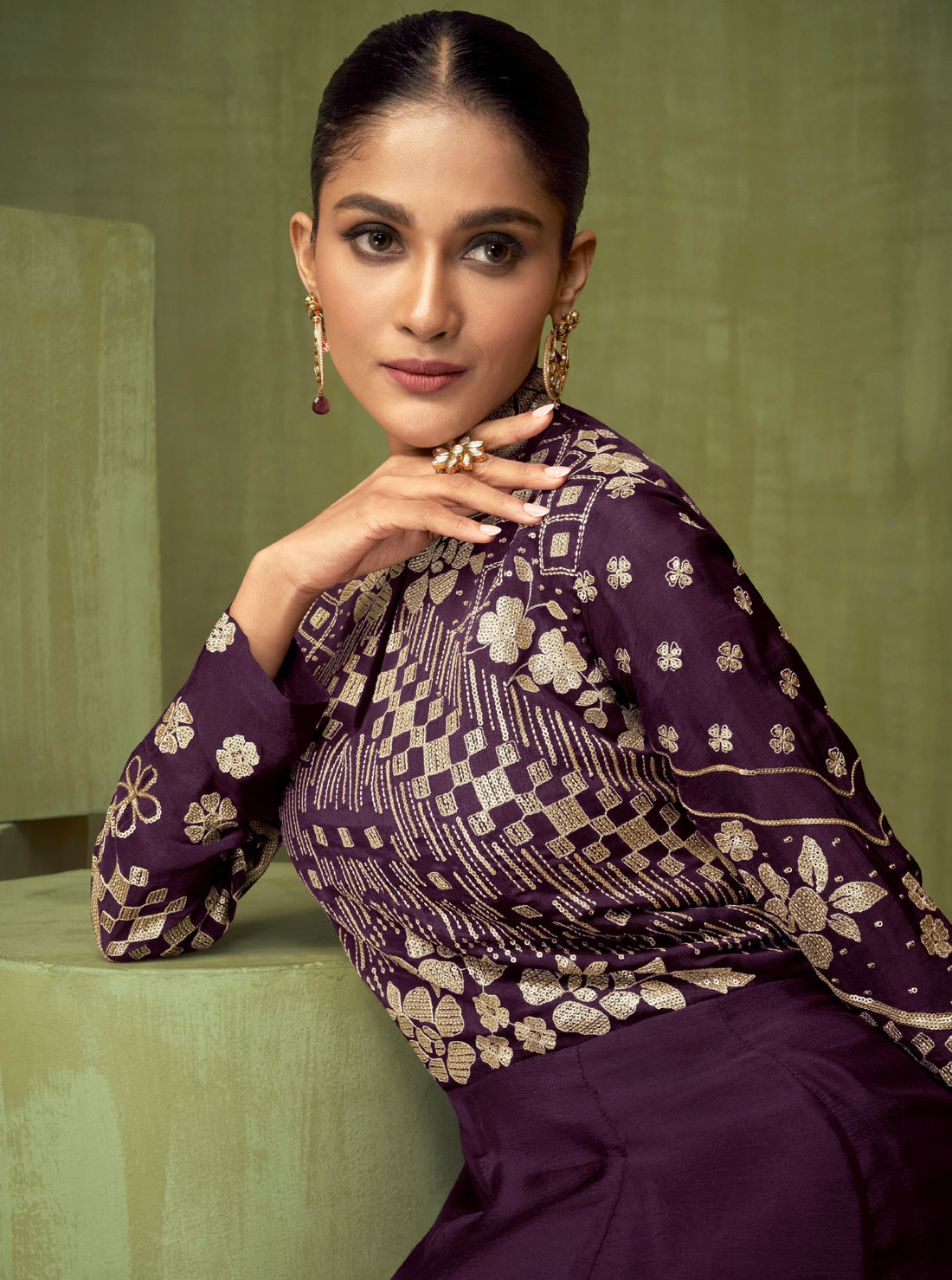 Purple embroidered Anarkali suit for wedding