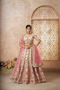 White silk bridal lehenga with pink embroidered dupatta for Indian wedding