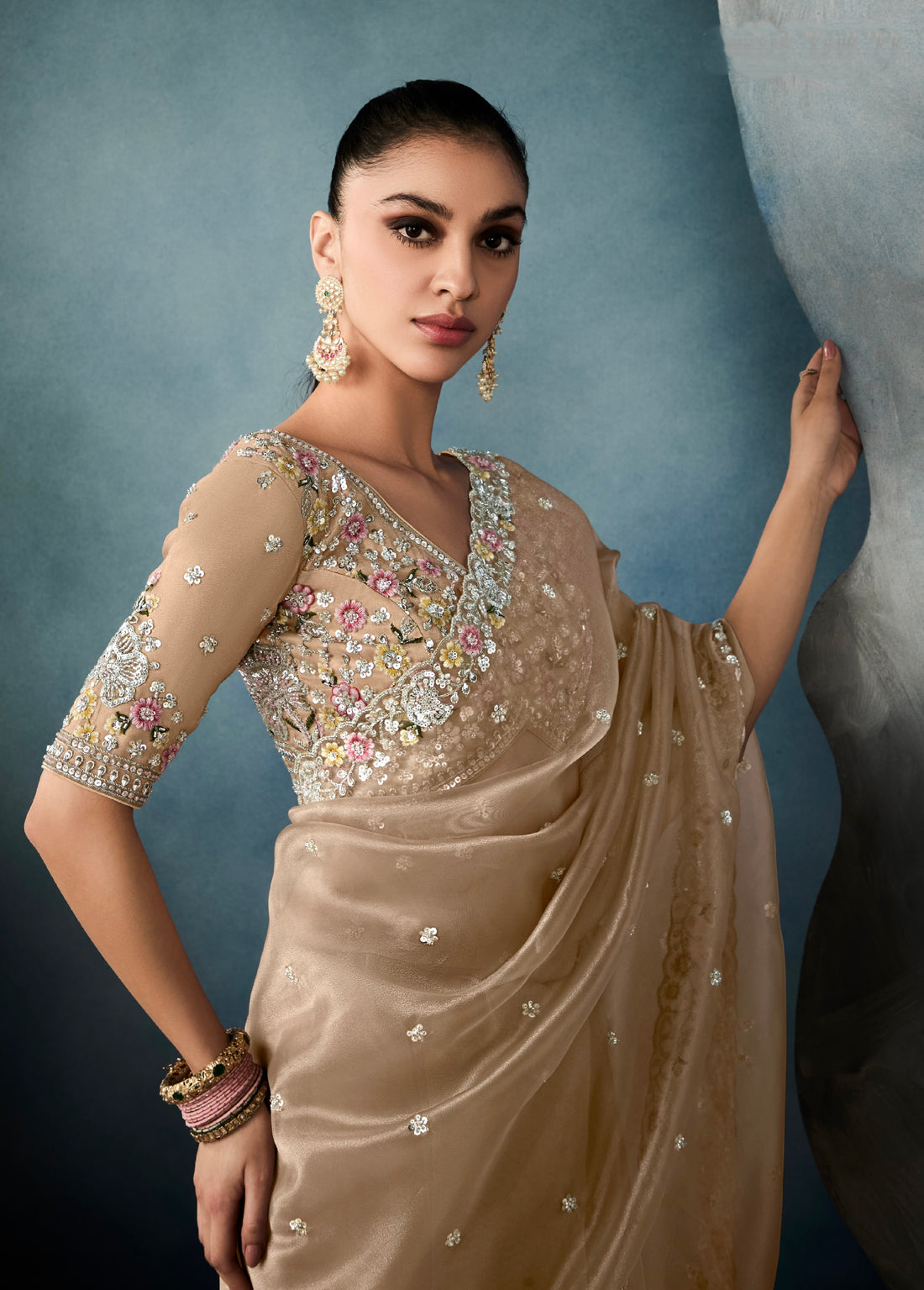 Champagne gold tissue saree with hand embroidery and cutwork border