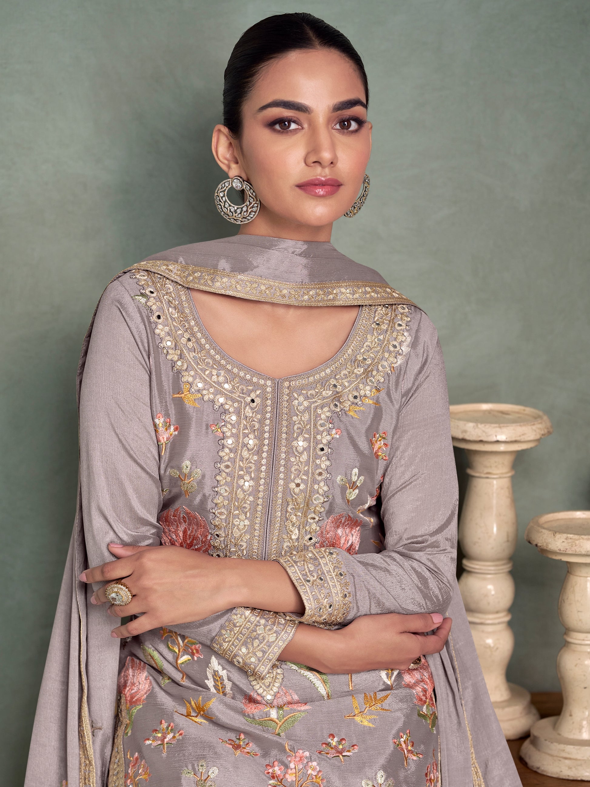 Lavender Grey Chinnon Silk Palazzo Suit