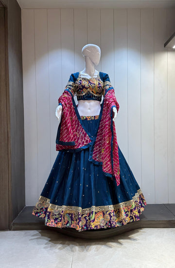 Navy blue chaniya choli with red bandhani dupatta