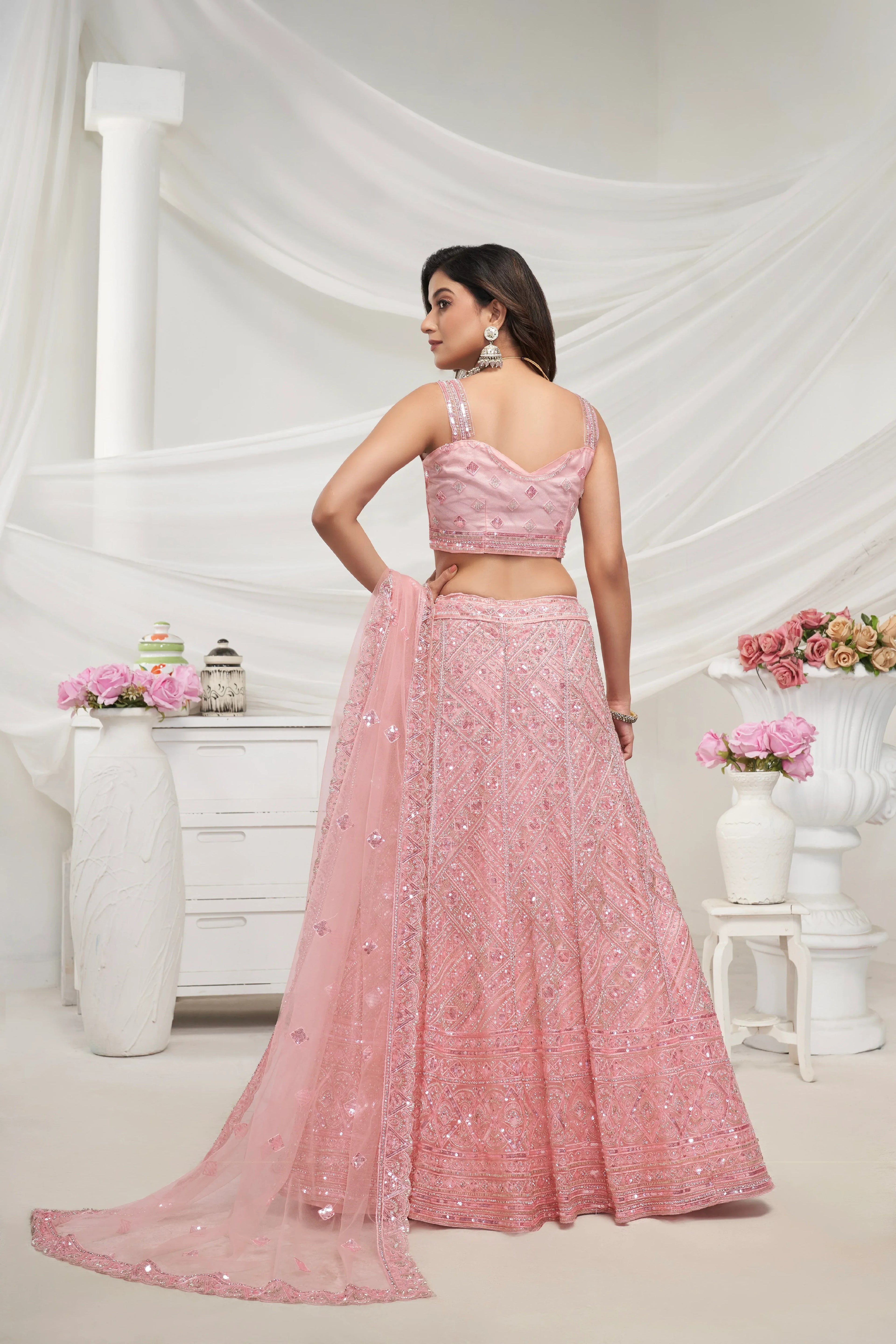Peach Net Lehenga Set with Sequin & Cut Dana Embellishments
