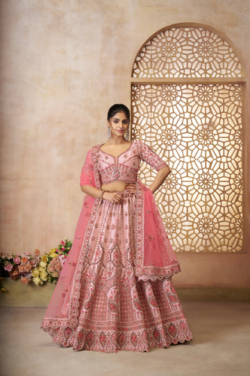 Pink silk bridal lehenga with embroidery and dupatta