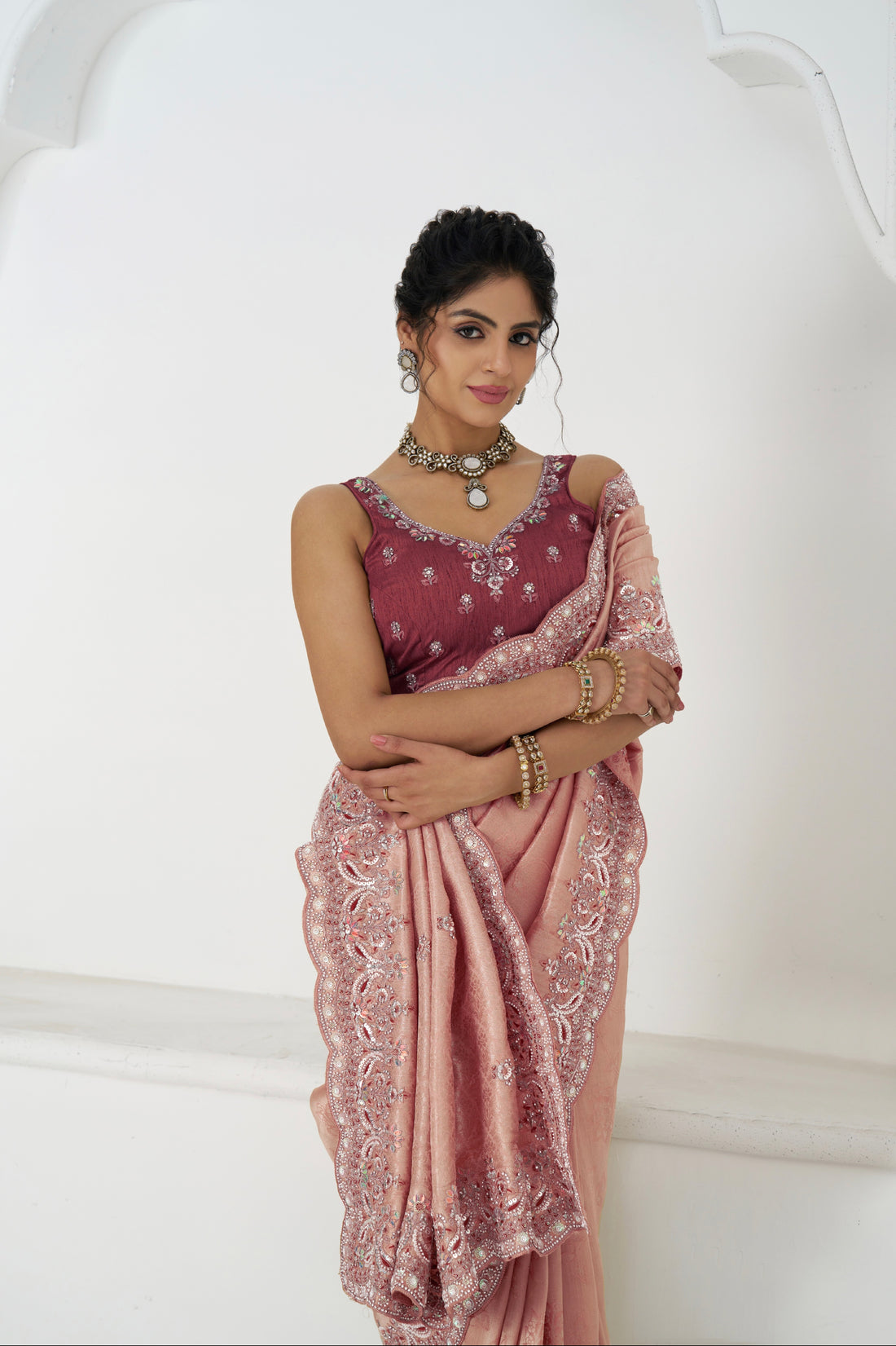 Traditional Indian saree with embroidered border
