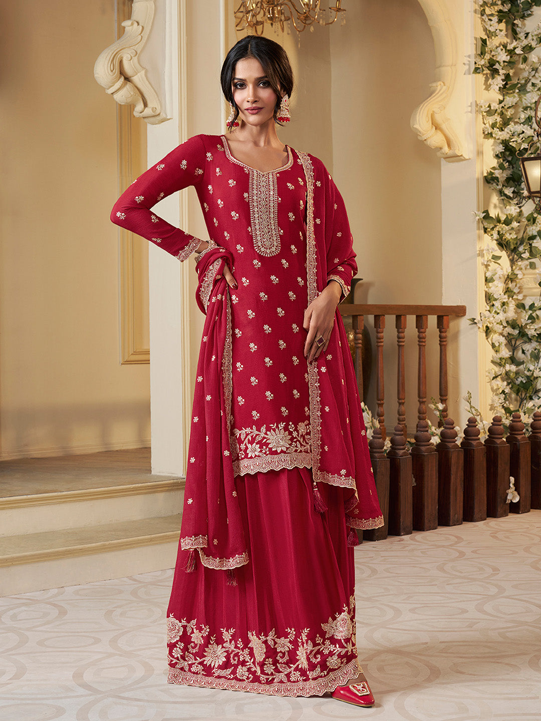 Festive red embroidered sharara set for women