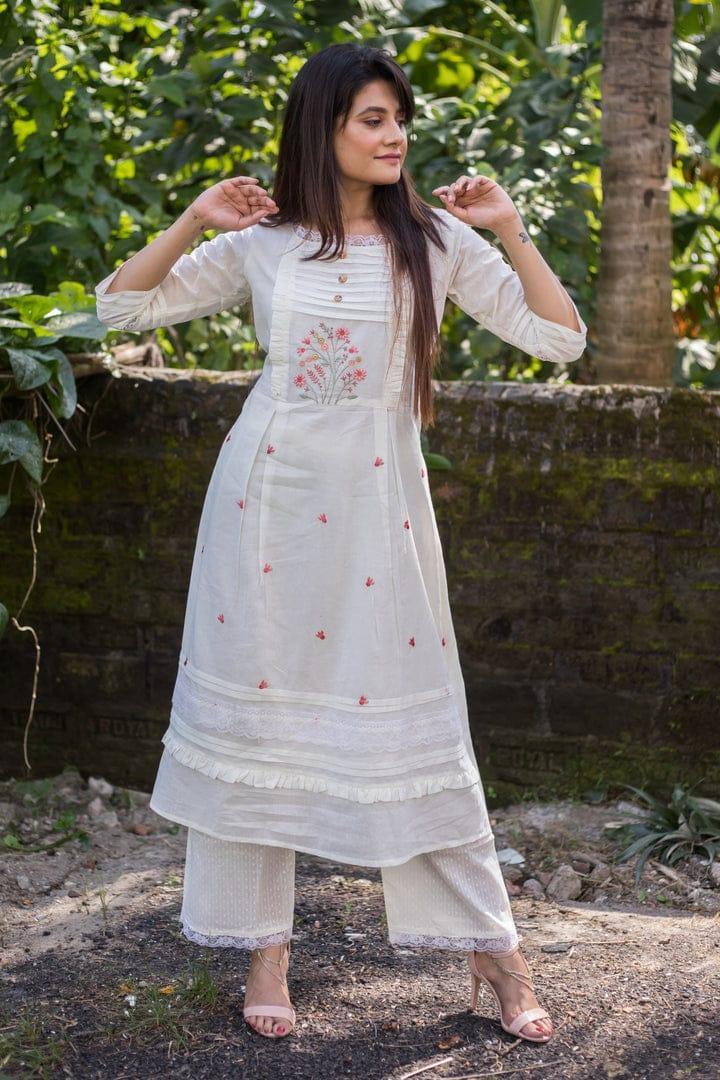 Beautiful Part Wear white cotton Kurta Pant Set - Anant Exports