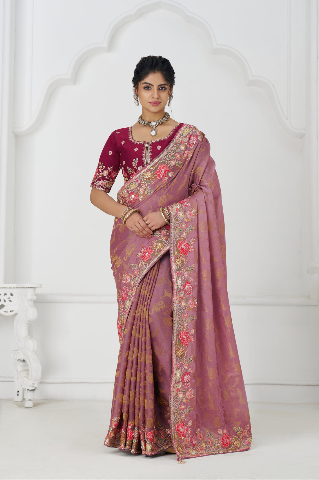 Pink Dola silk saree with floral embroidery
