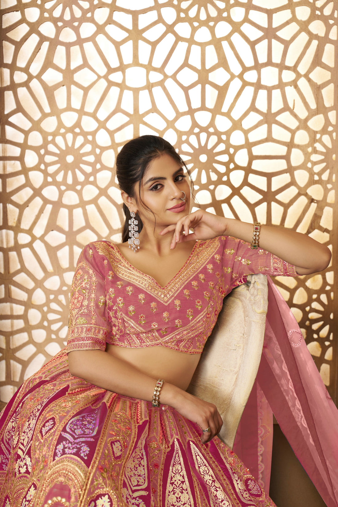Pink Banarasi silk lehenga with aari work
