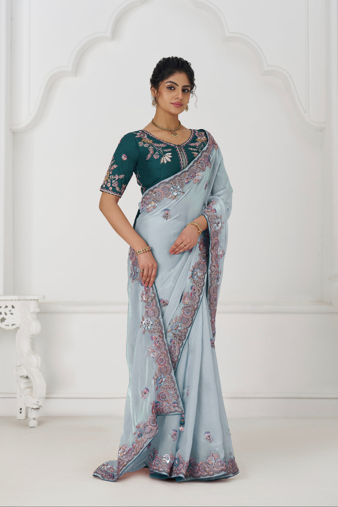 Grey Fendi silk saree with zari embroidery