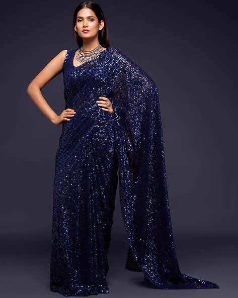 Blue Pure Chiffon Sequins Embroidery Work Ready to Wear Saree
