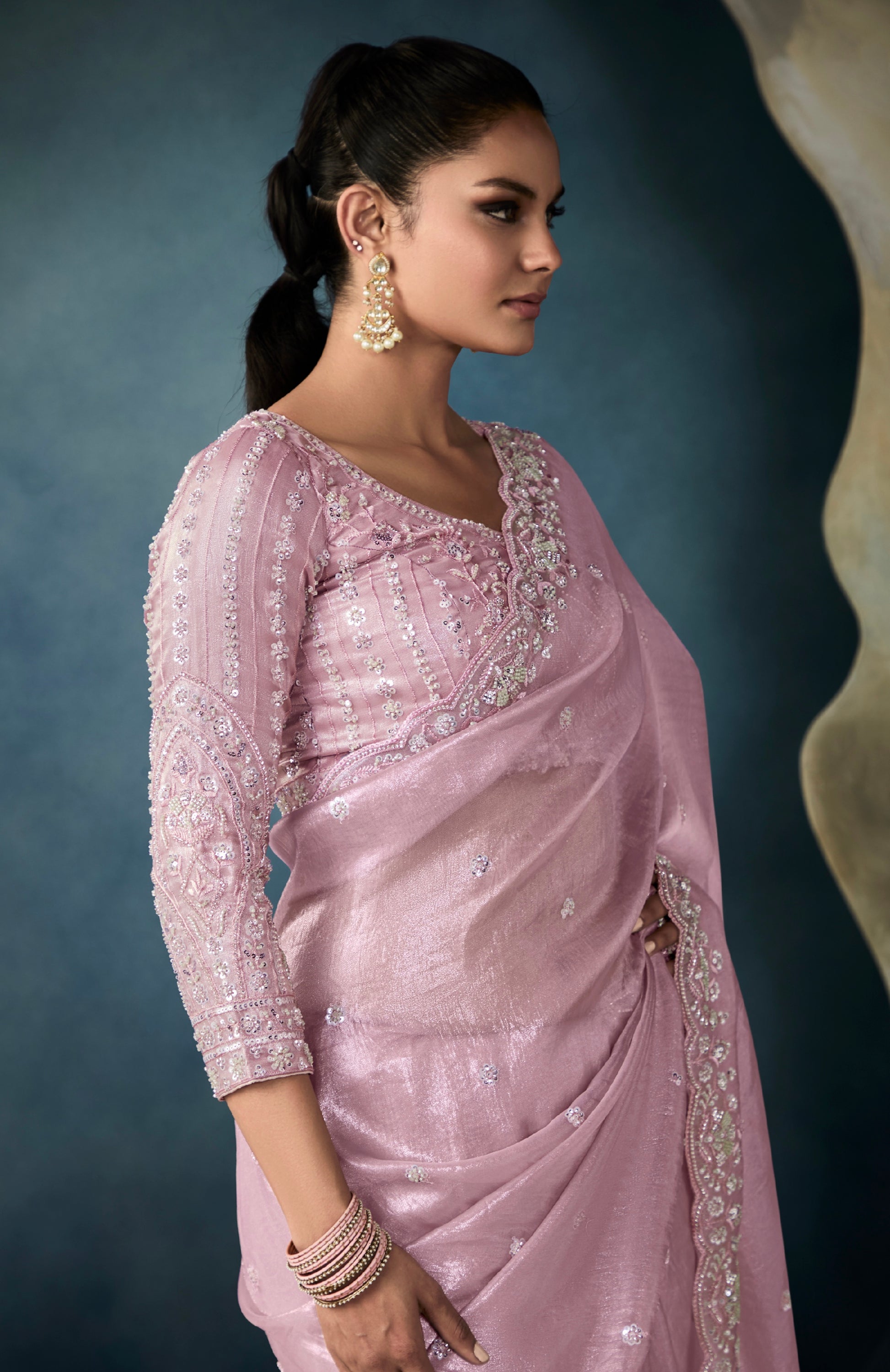 Mauve tissue saree with handwork details