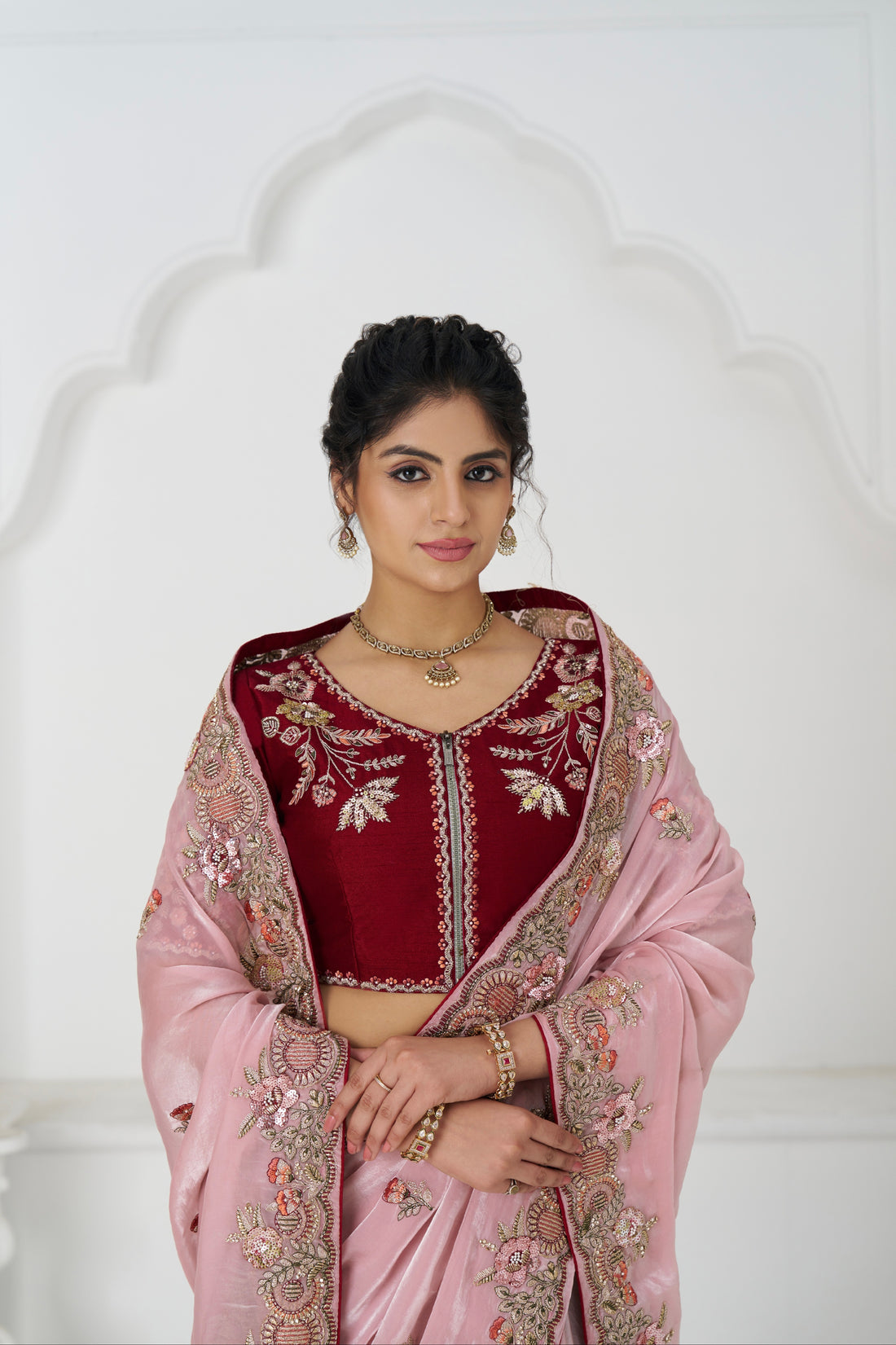 Pink Fendi silk saree with zari embroidery