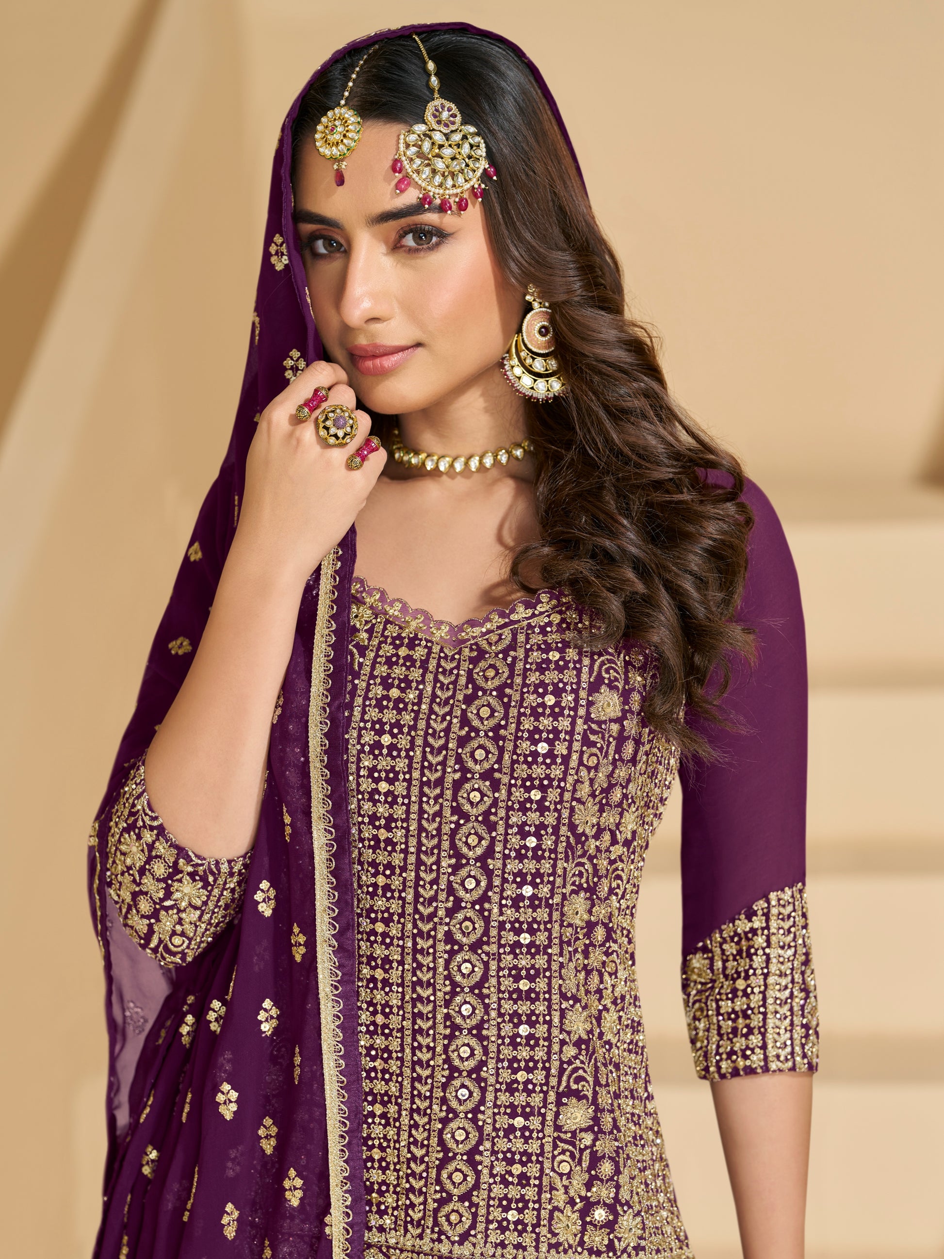 Deep Purple Heavy Embroidered Georgette Sharara Suit
