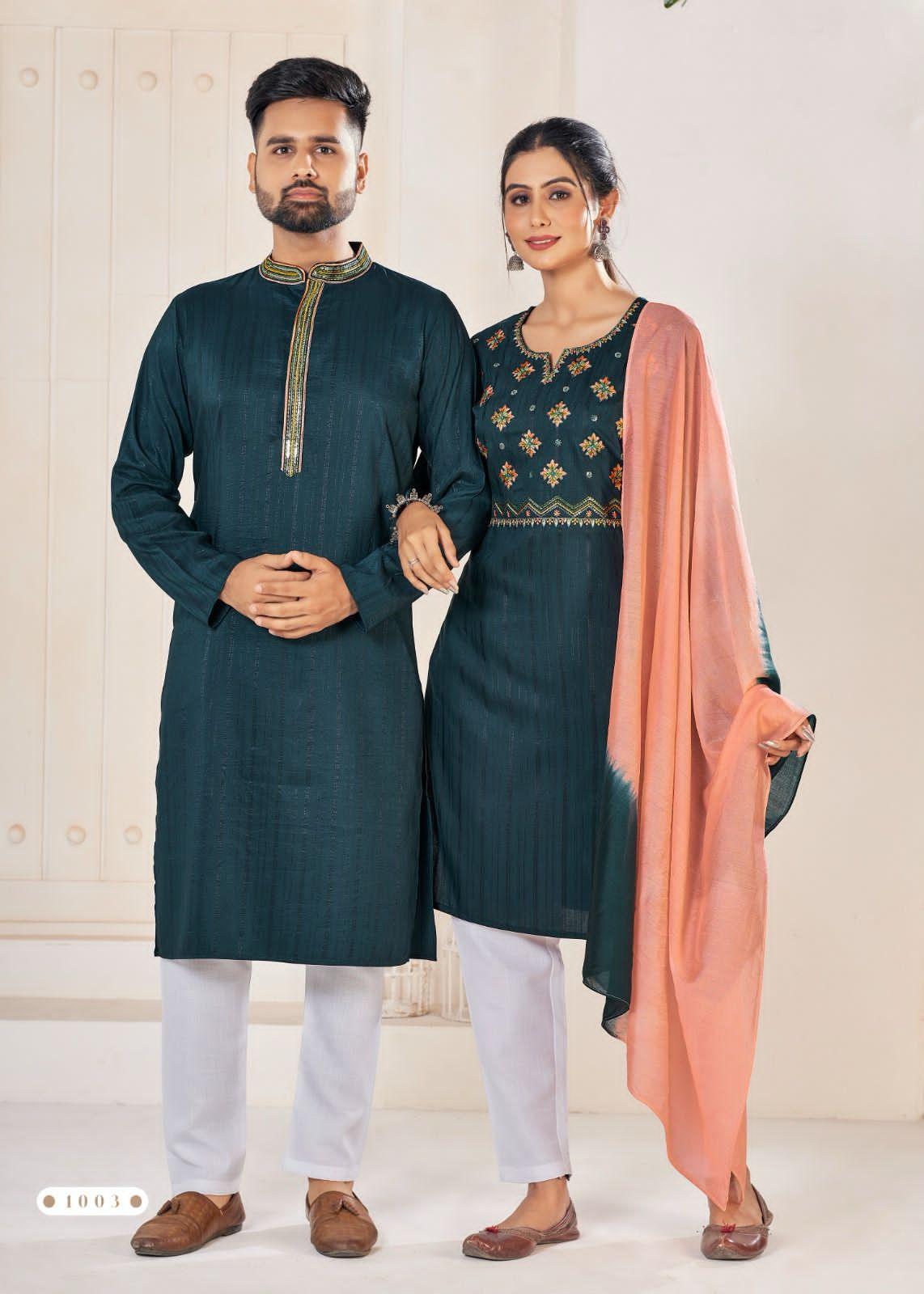 Festival Couple combo of Kurta with Pajama & Kurti with Pants & Dupatta Couple Goal X - Anant Exports