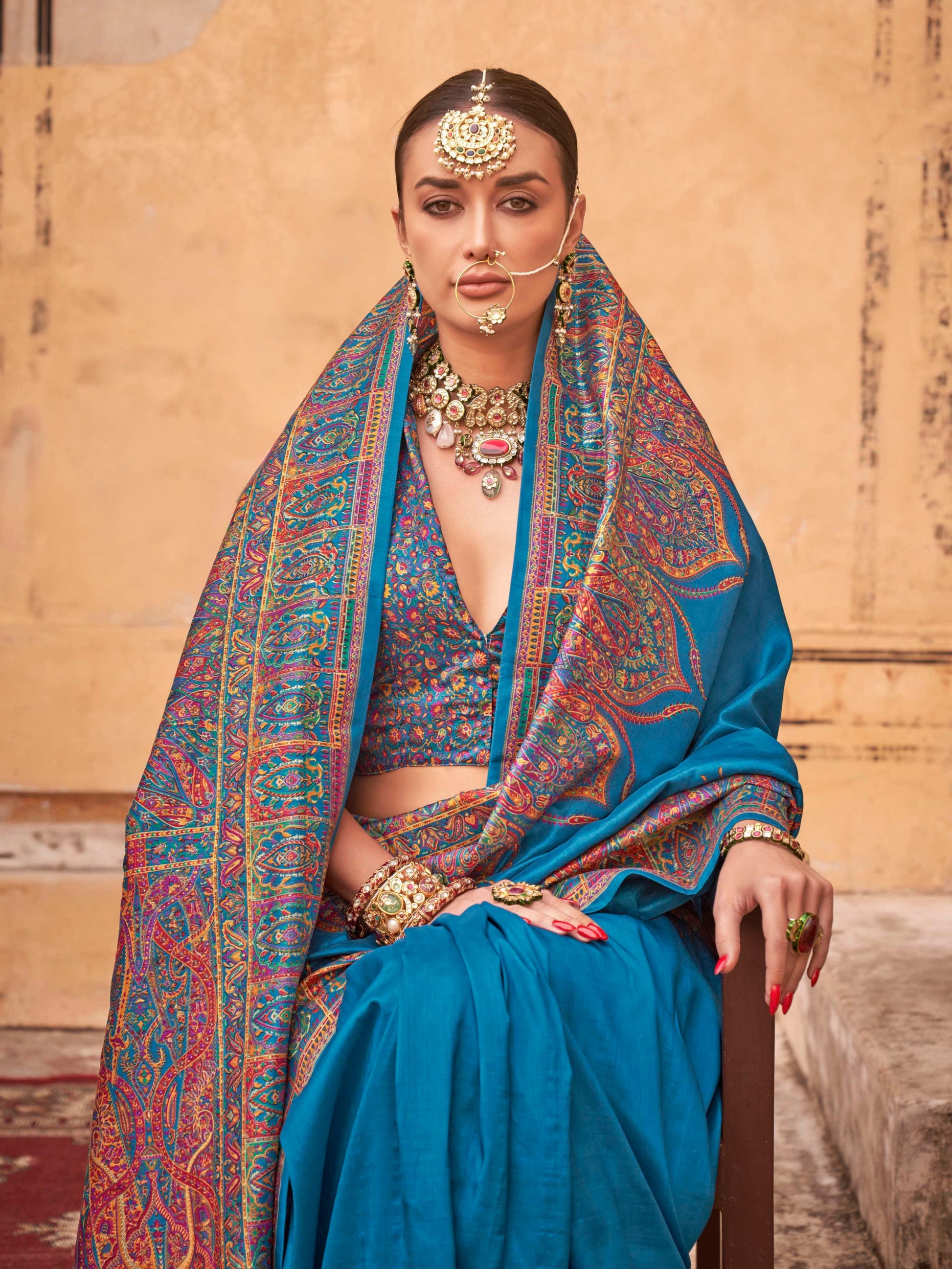 Turquoise Blue & Red Patola Silk Saree