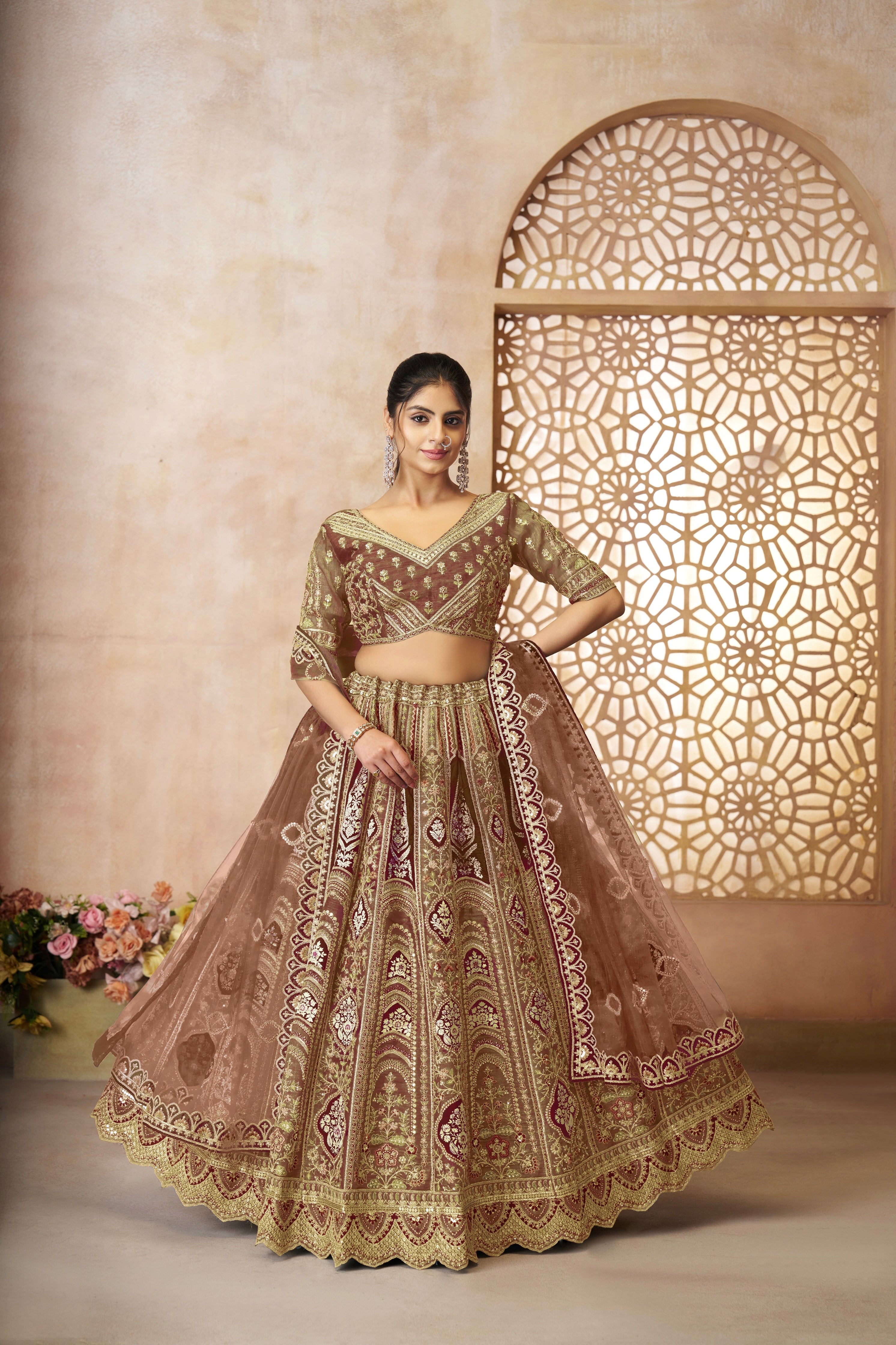 Brown Banarasi Silk Lehenga with Aari Embroidery & Dupatta
