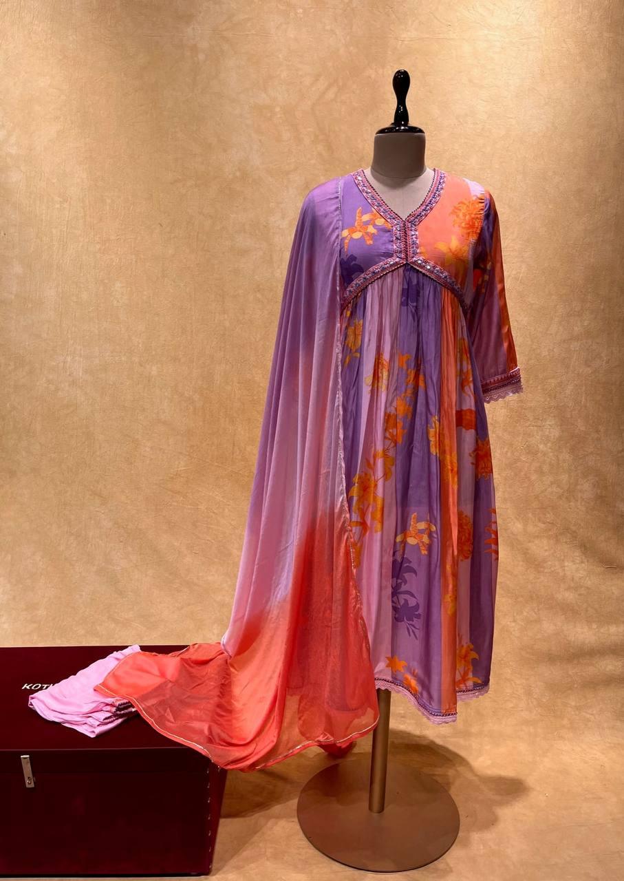 Beautiful Party Wear Pure Muslin Alia Cut Suit With Dupatta - Anant Exports
