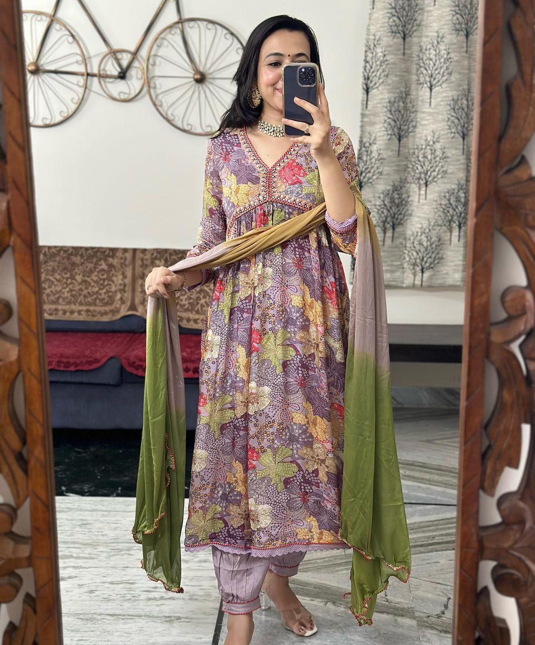 Beautiful Party Wear Pure Muslin Alia Cut Suit With Dupatta - Anant Exports