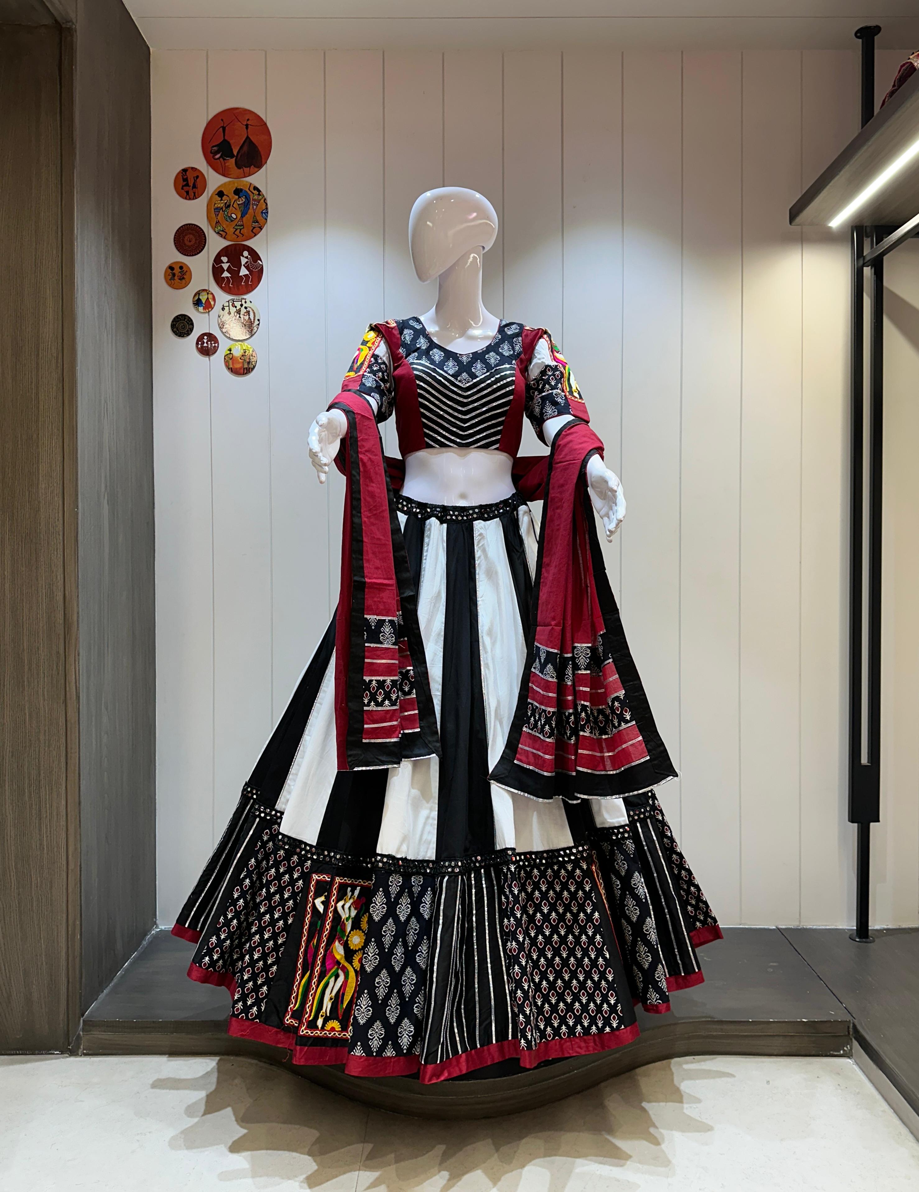 White and black gamthi chaniya choli with 8 meter flare