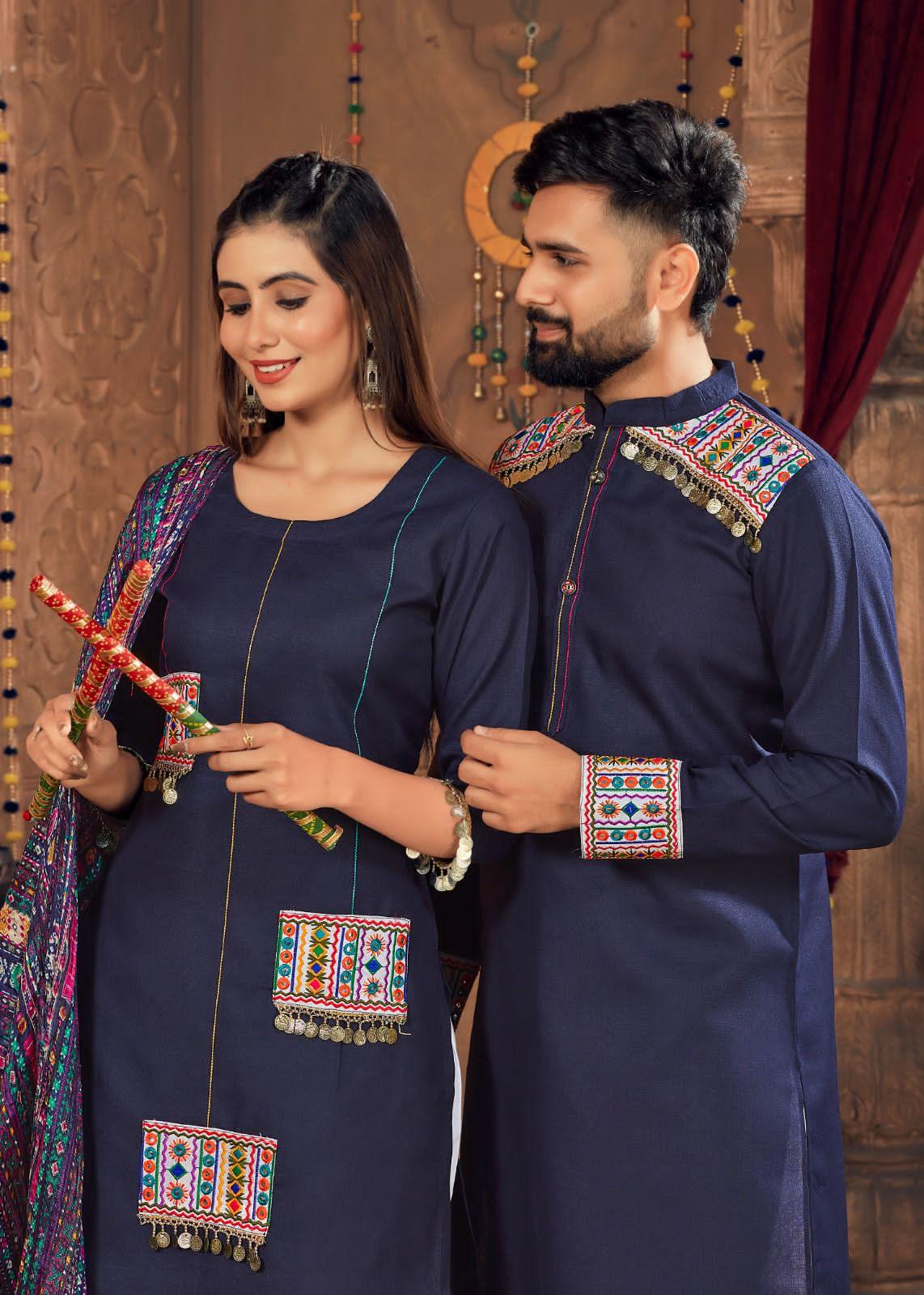 Navratri Special Couple combo of Kurta with Pajama & Kurti with Pants & Dupatta Dress - Anant Exports