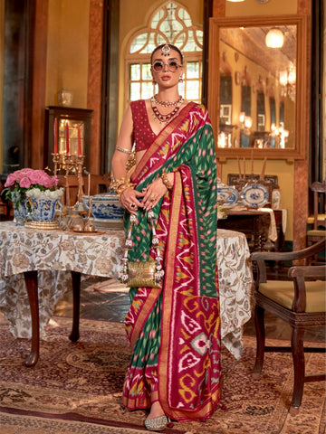 Deep Green & Red Patola Silk Saree