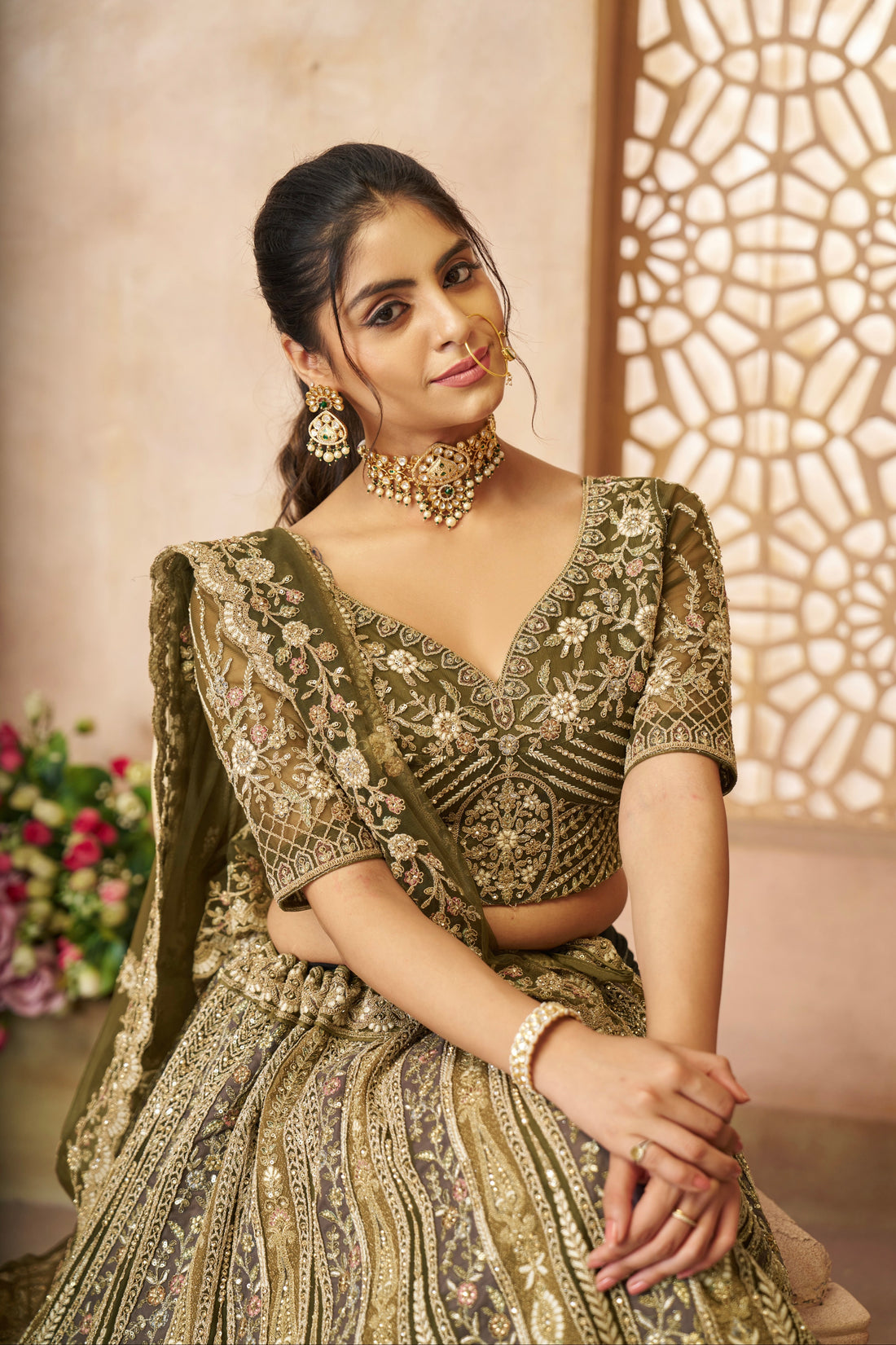 Mehendi green designer bridal lehenga set with intricate zari and sequin work