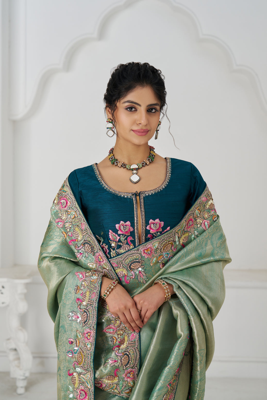 Green Dola silk saree with bead and sequin embroidery
