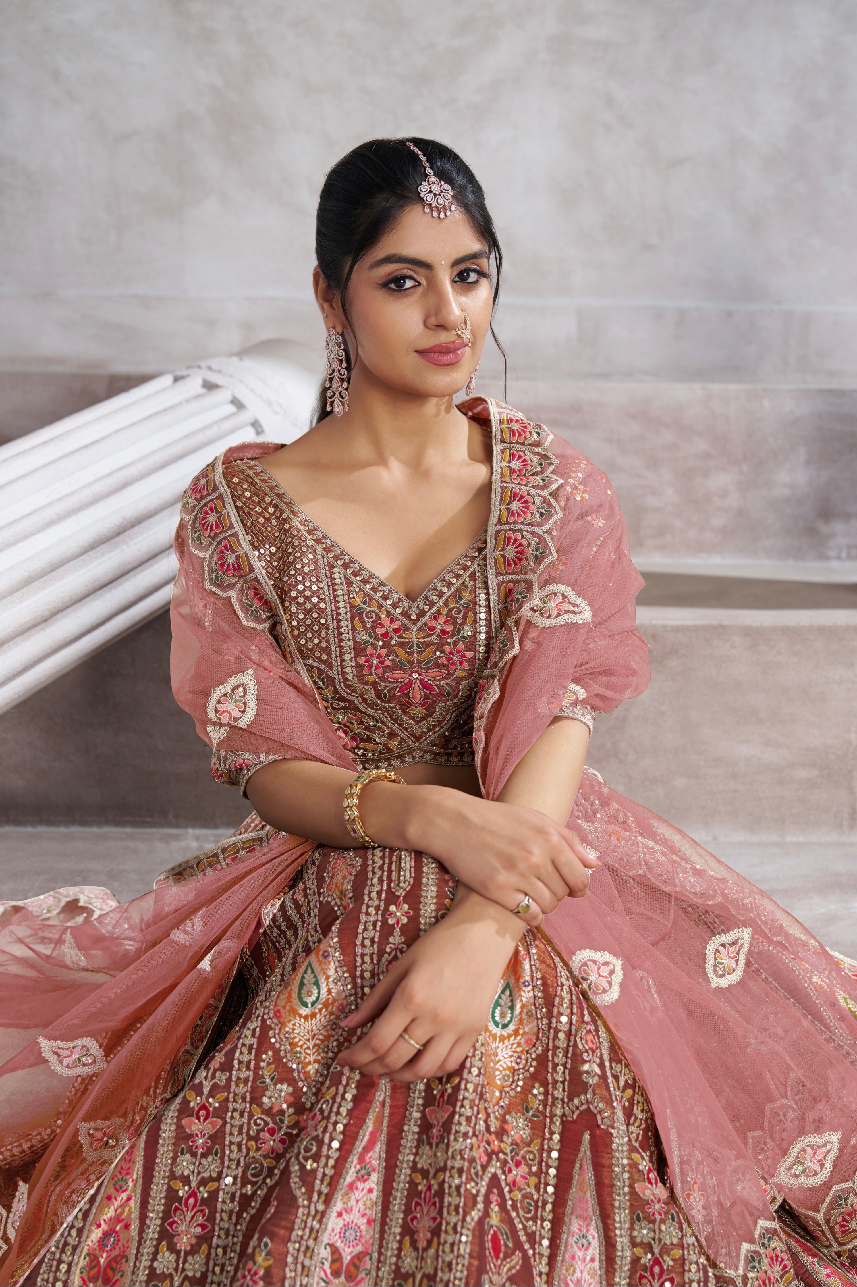 Coffee Banarasi Silk Lehenga with Aari Embroidery & Dupatta