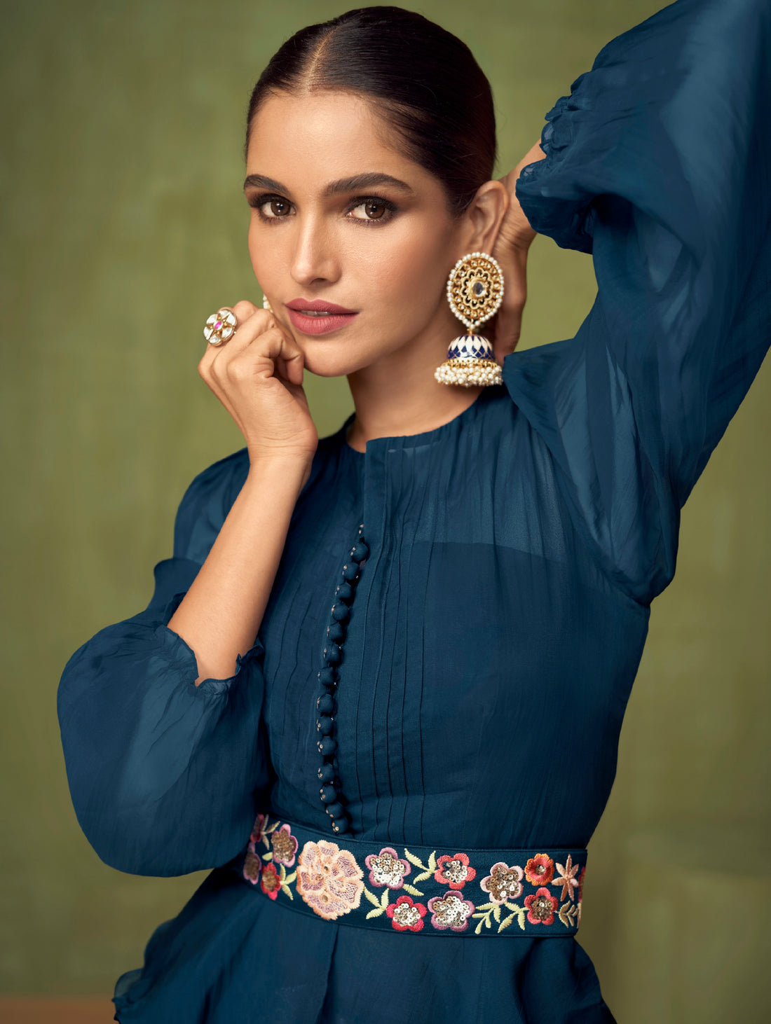 Teal blue floral embroidered Anarkali suit