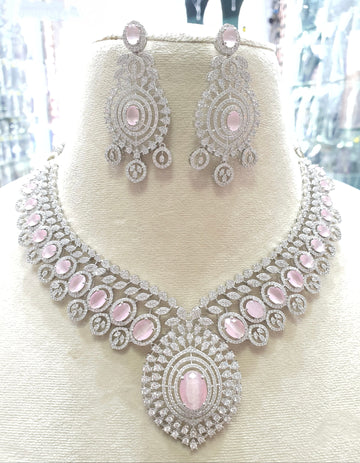 Silver pink stone bridal necklace set with earrings