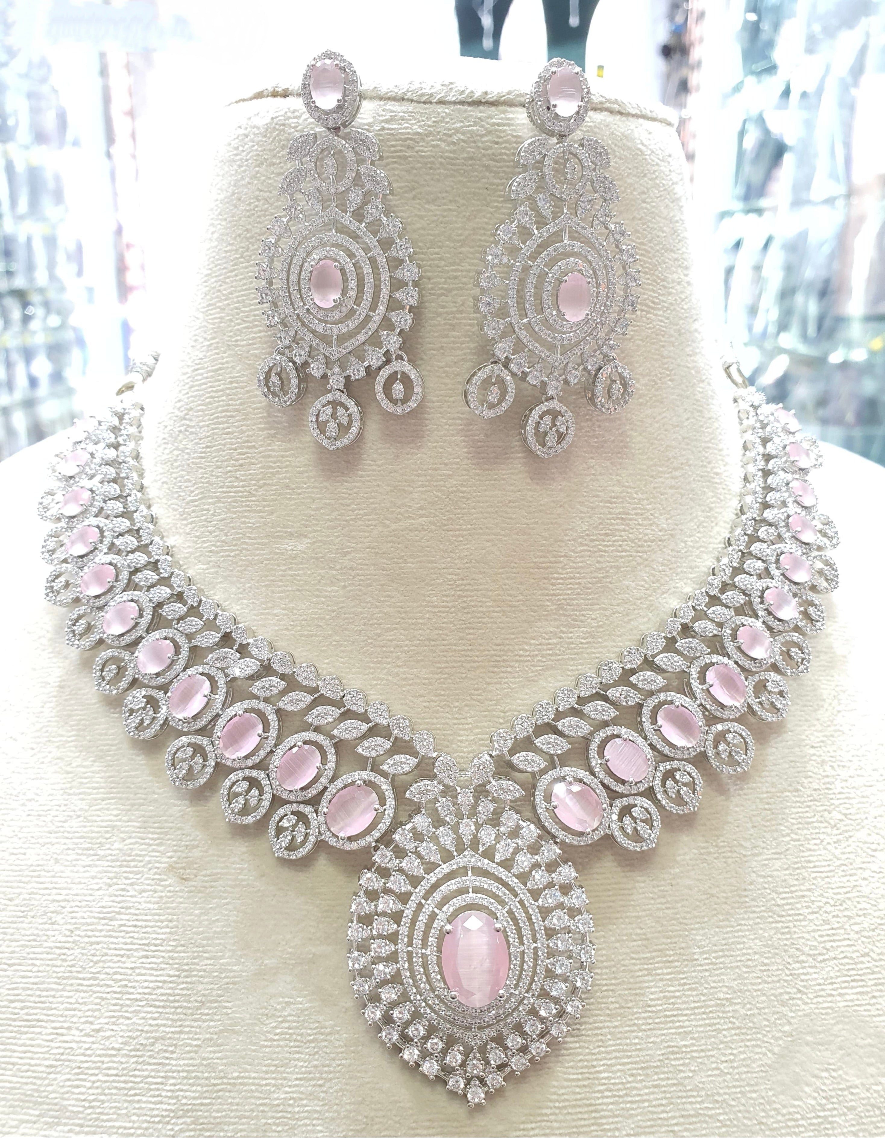 Silver pink stone bridal necklace set with earrings
