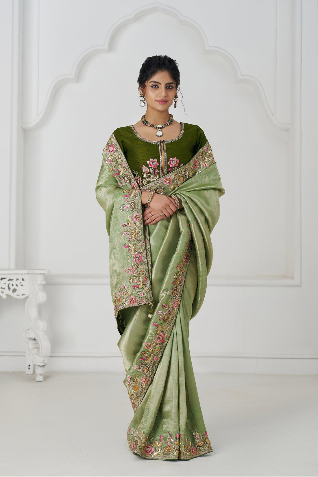 Mehendi green Dola silk saree with embroidery