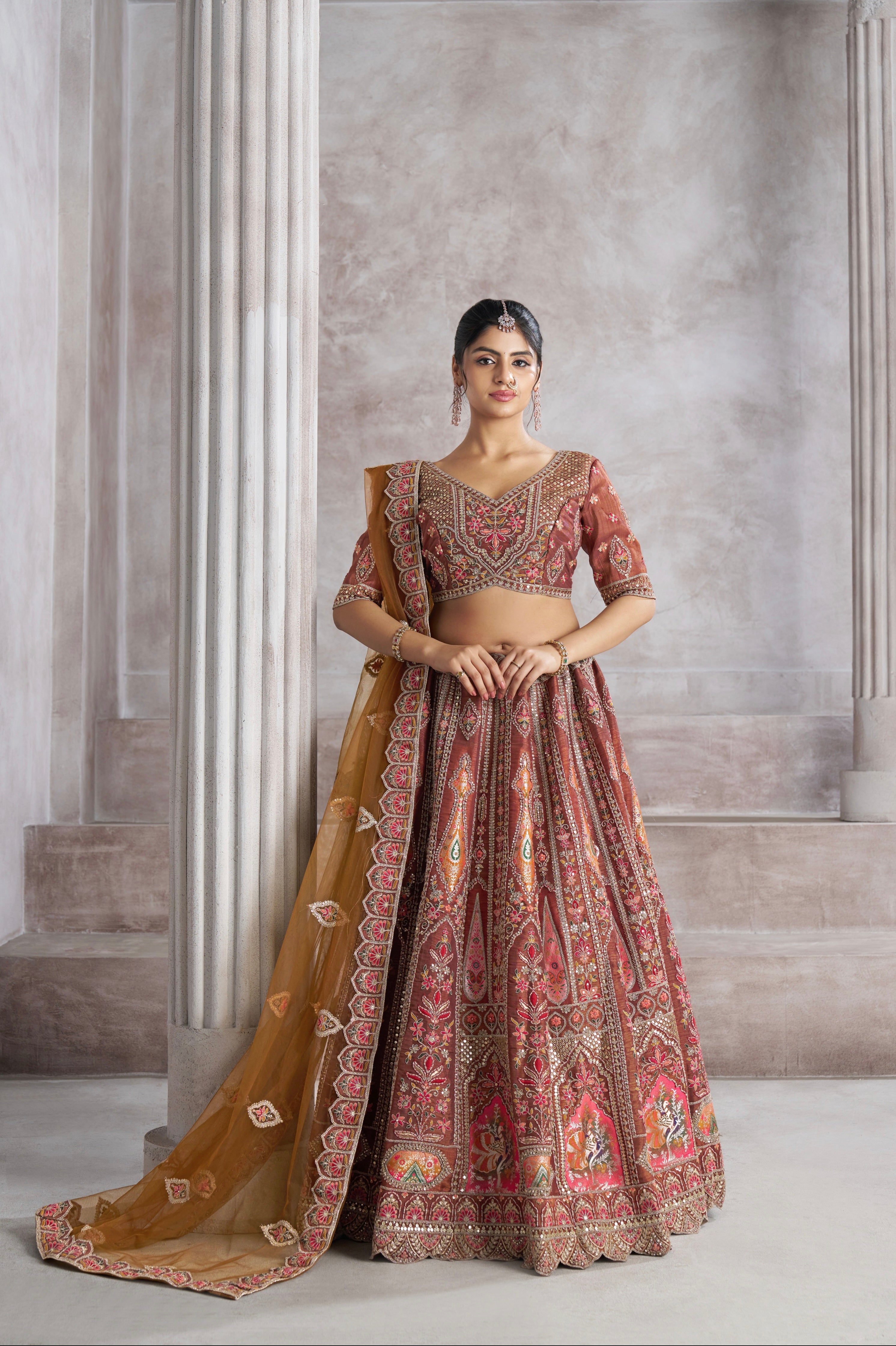 Coffee Banarasi Silk Lehenga with Aari Embroidery & Dupatta