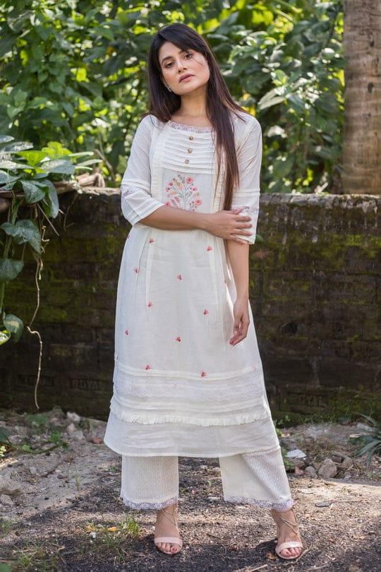 Beautiful Part Wear white cotton Kurta Pant Set - Anant Exports