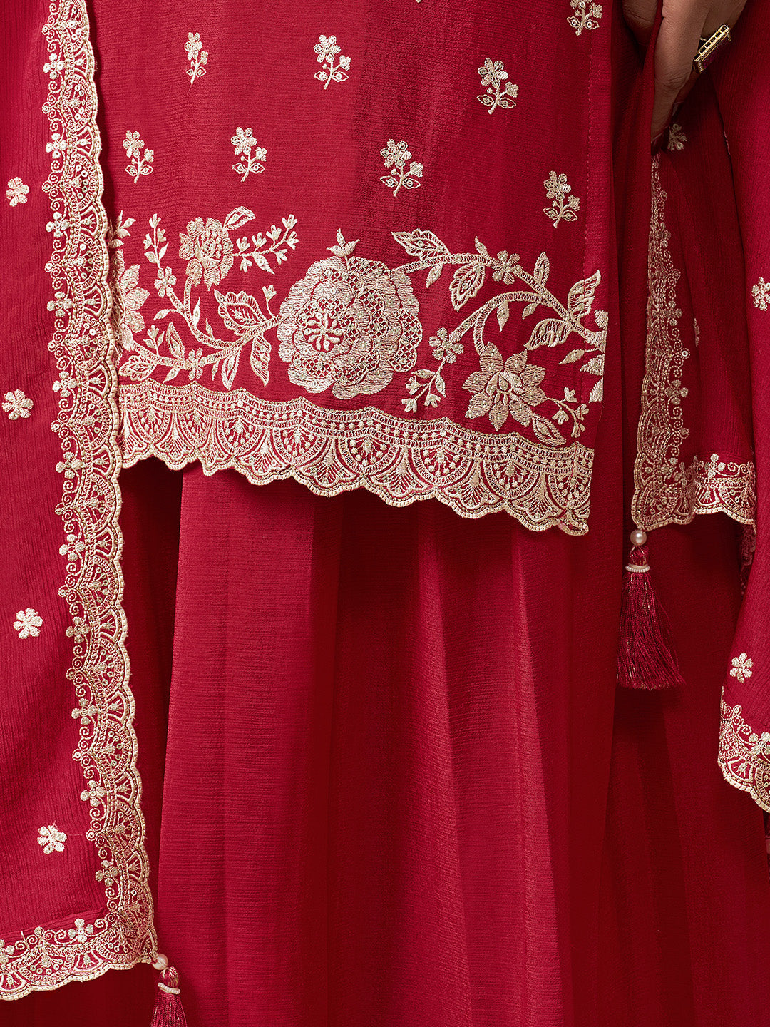 Traditional red sharara suit with Santoon pants and Chinon kurti