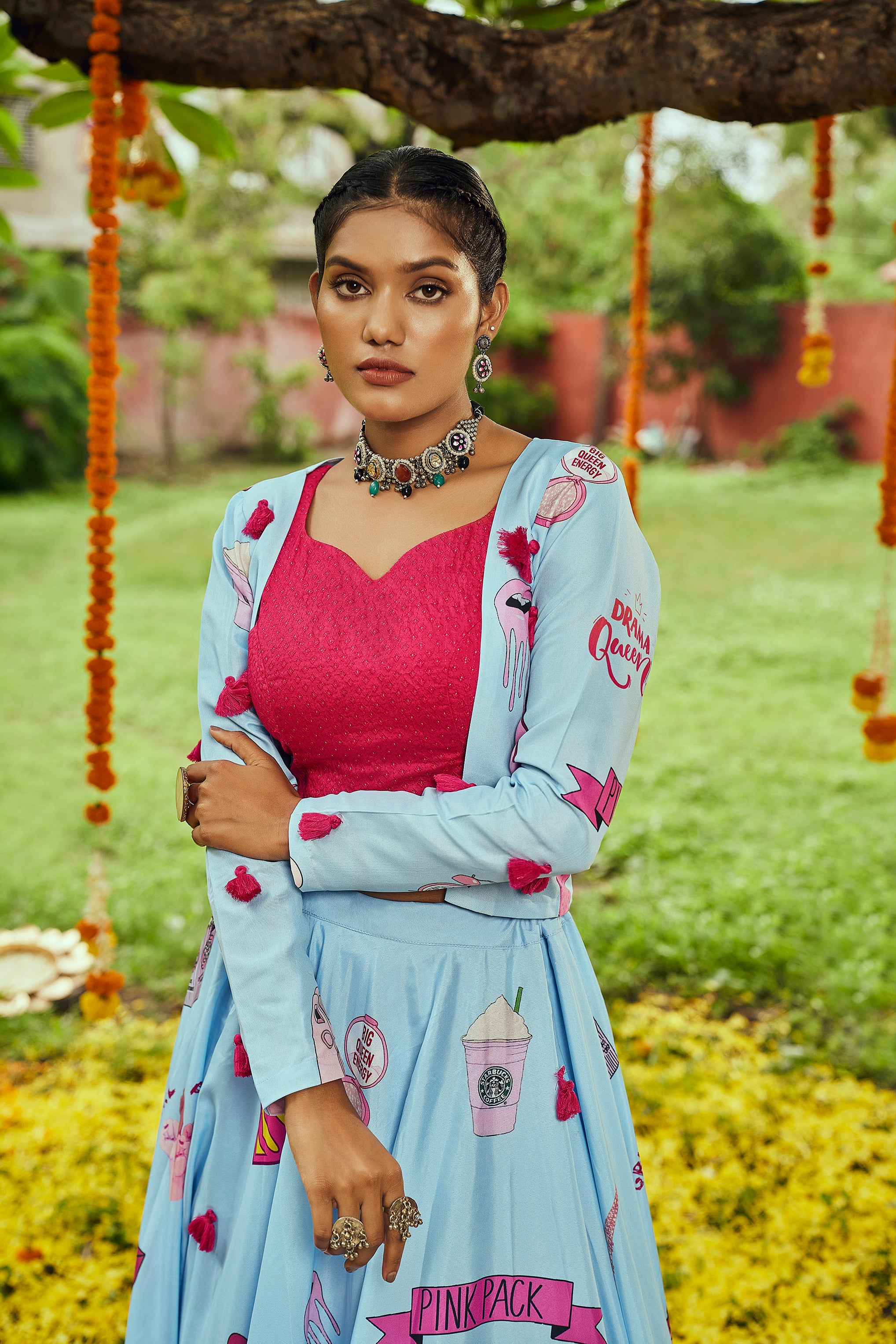 Garba outfit with quirky cartoon prints
