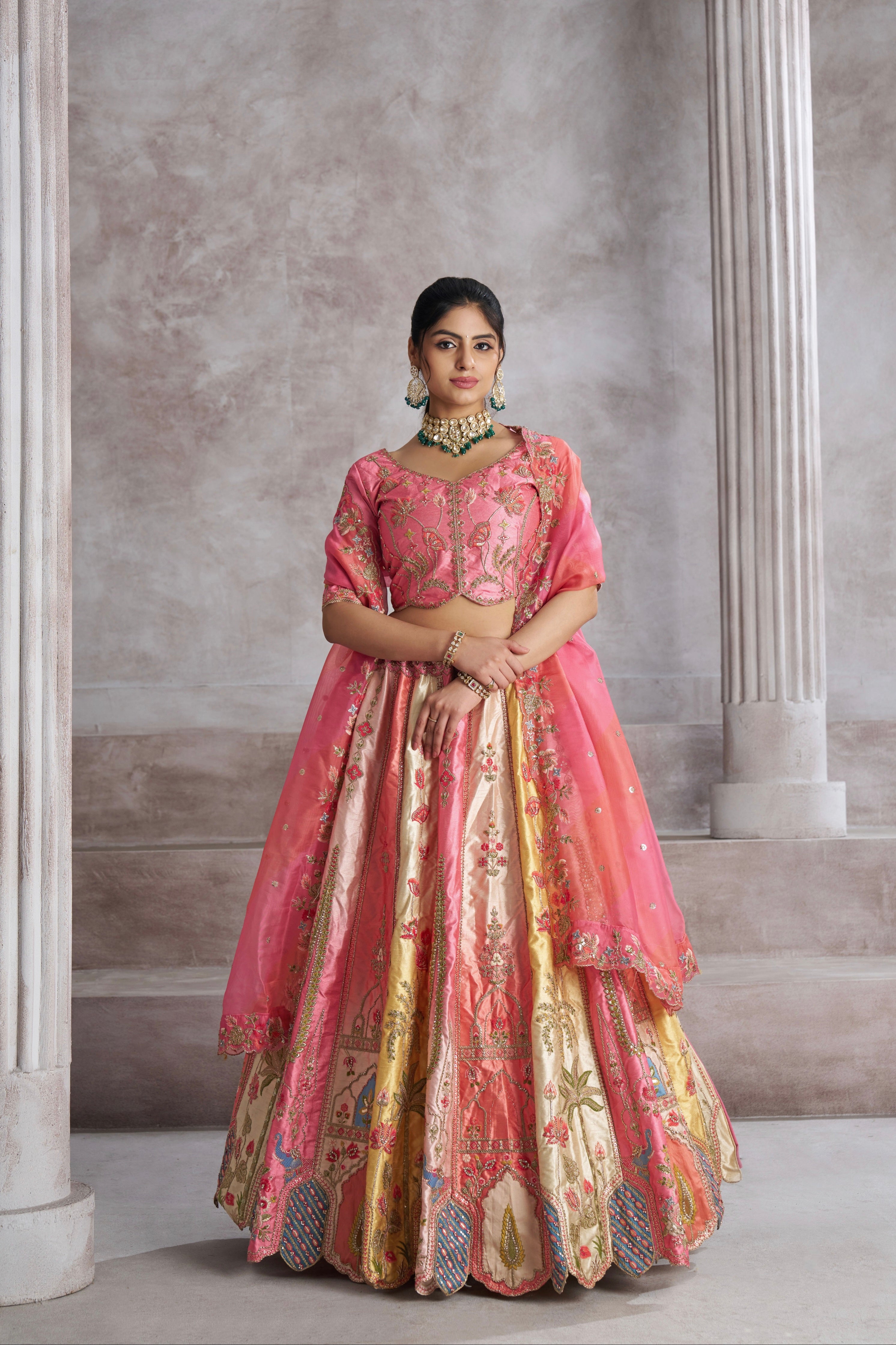 Thread Work Pink Banarasi Silk Lehenga
