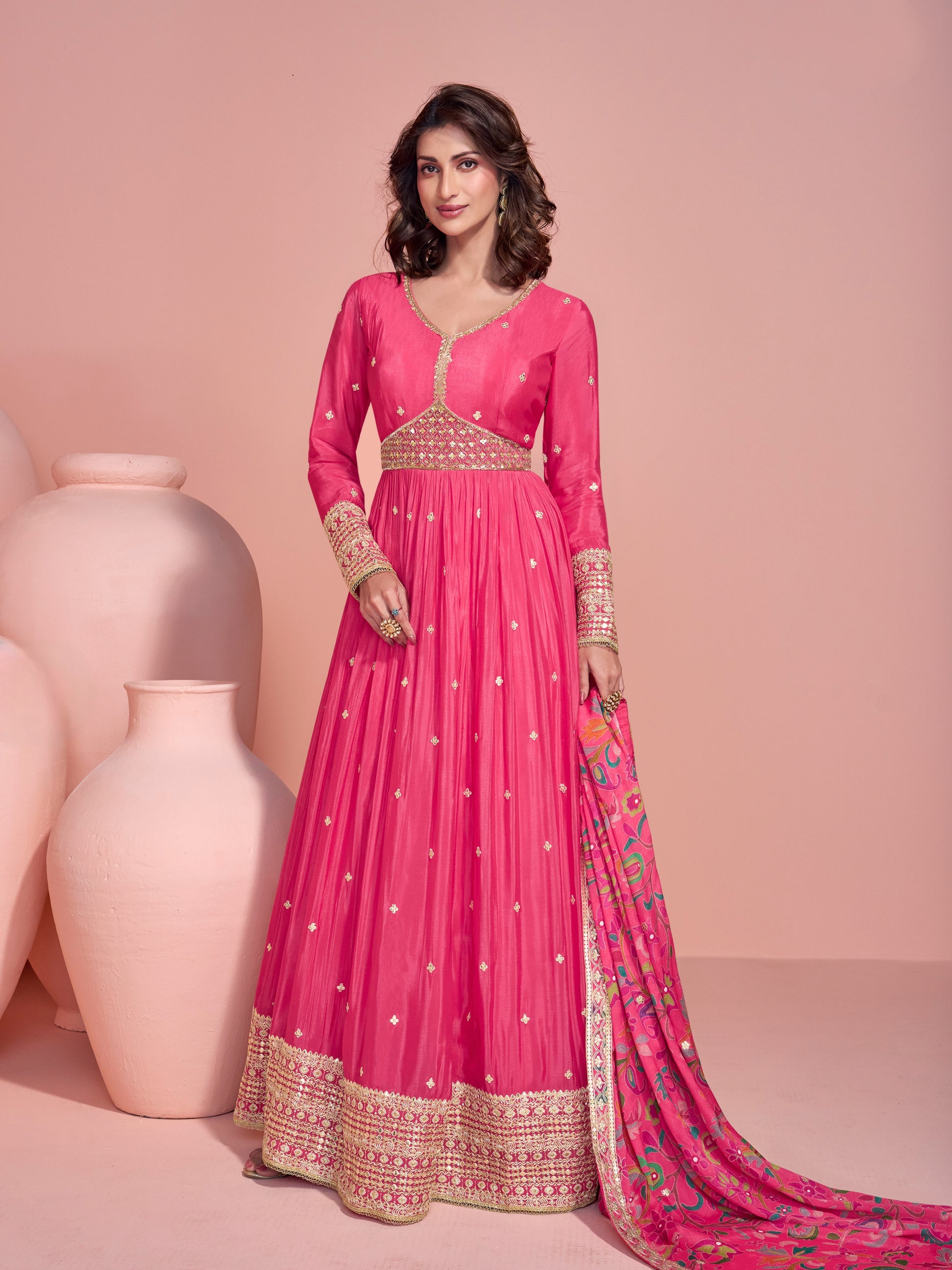 Rani Pink Heavy Embroidered Anarkali Gown